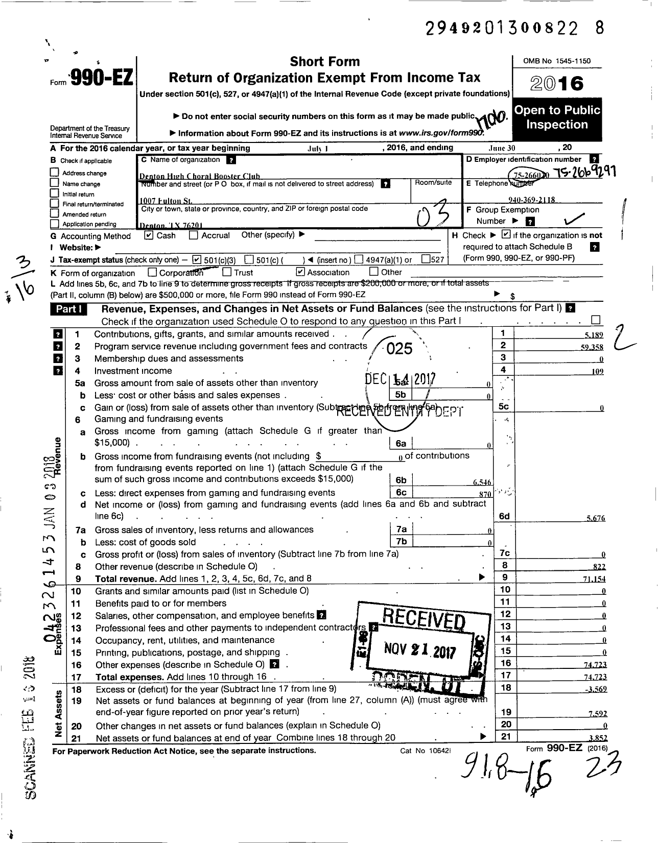 Image of first page of 2016 Form 990EZ for Denton High Choral Booster Club