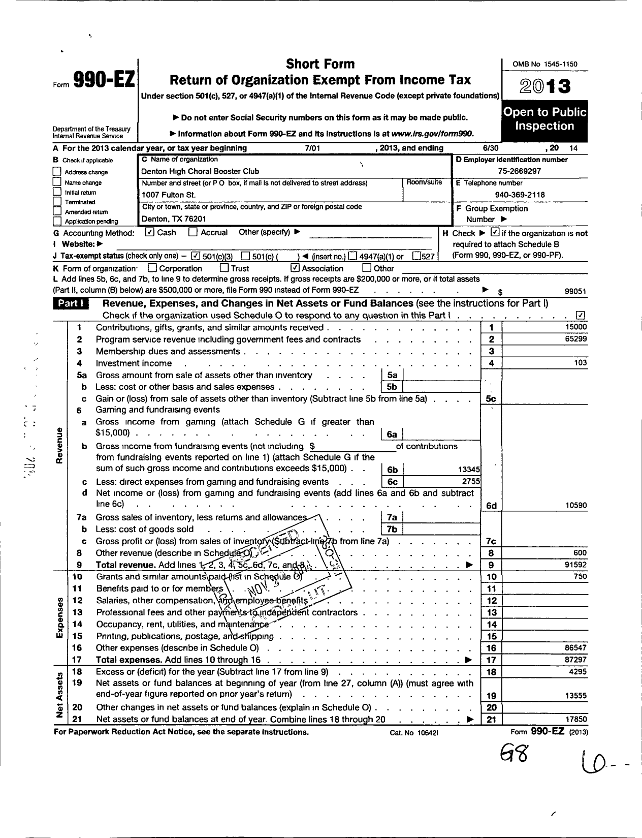 Image of first page of 2013 Form 990EZ for Denton High Choral Booster Club