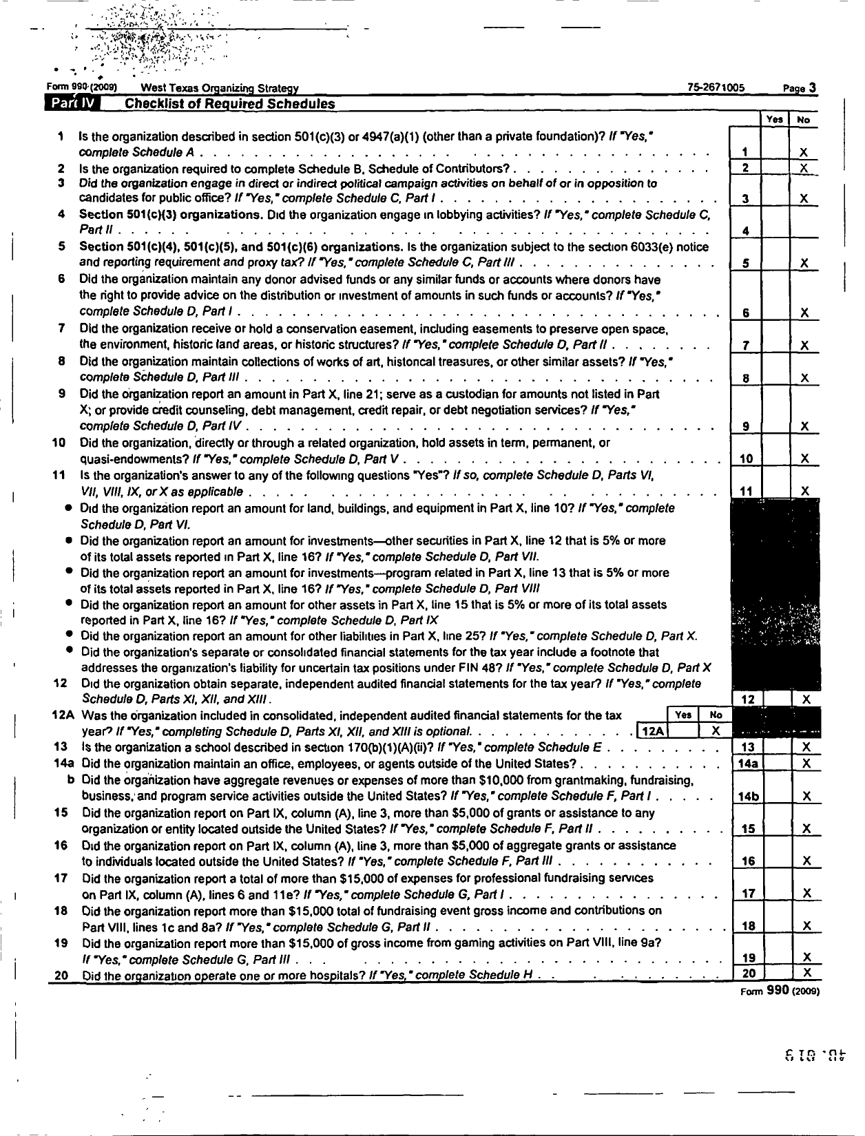 Image of first page of 2009 Form 990OR for West Texas Organizing Strategy