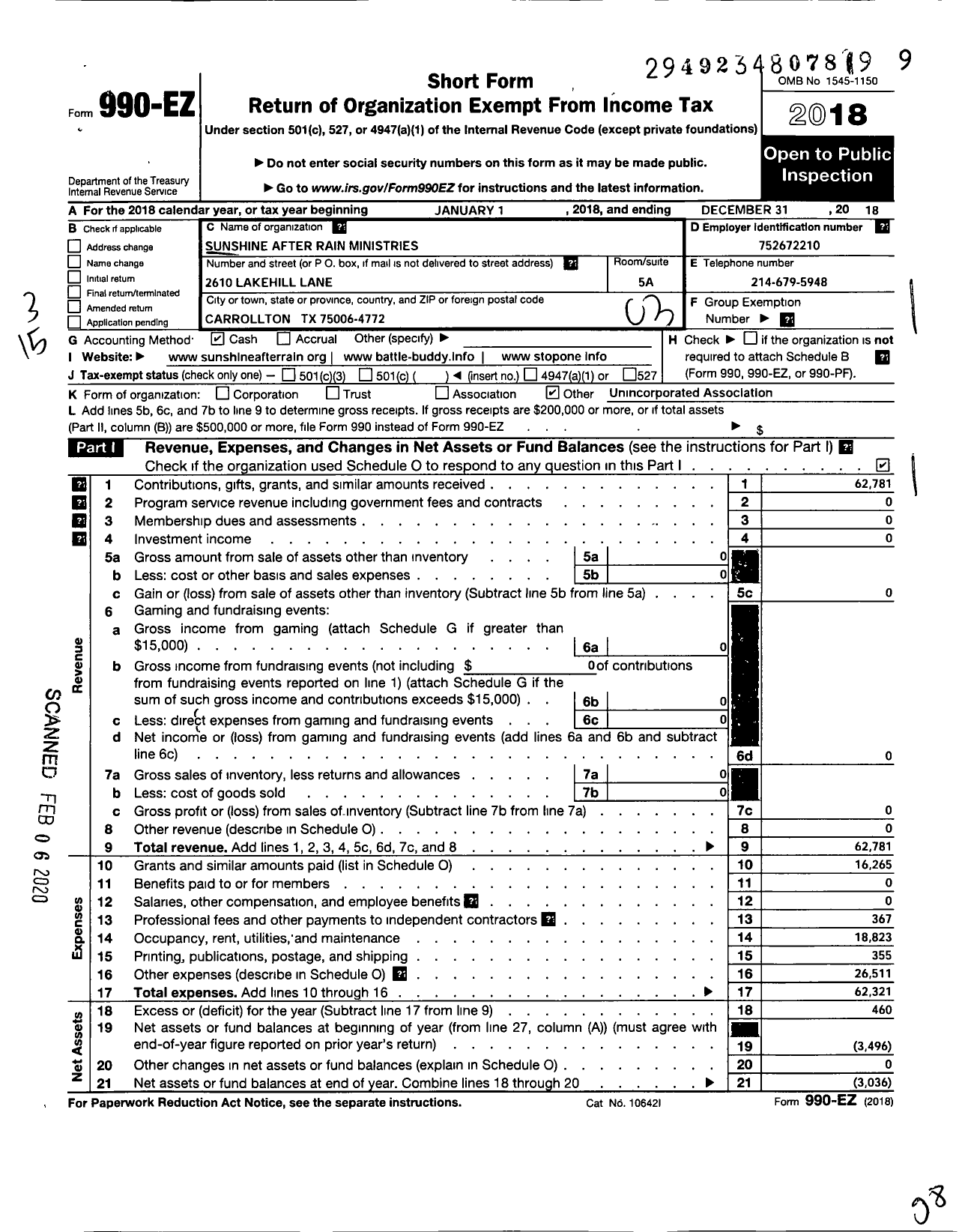 Image of first page of 2018 Form 990EZ for Sunshine After Rain Ministries