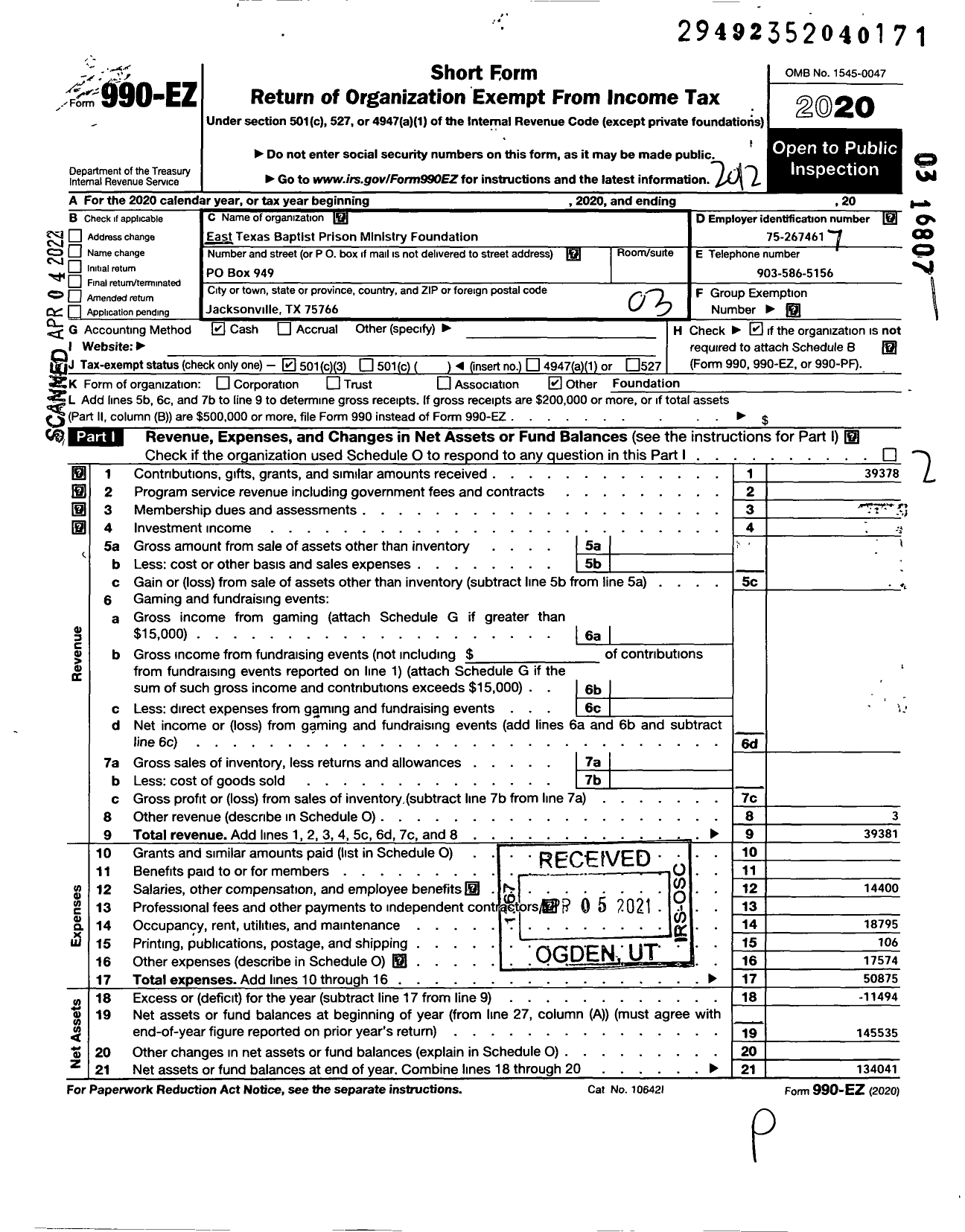 Image of first page of 2020 Form 990EZ for East Texas Baptist Prison Ministry Foundation