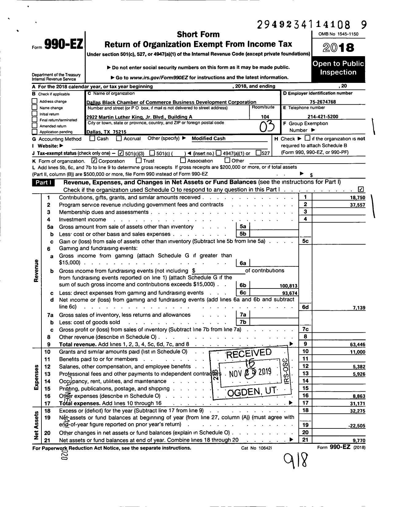 Image of first page of 2018 Form 990EZ for Dallas Black Chamber of Commerce Business Development Corporation