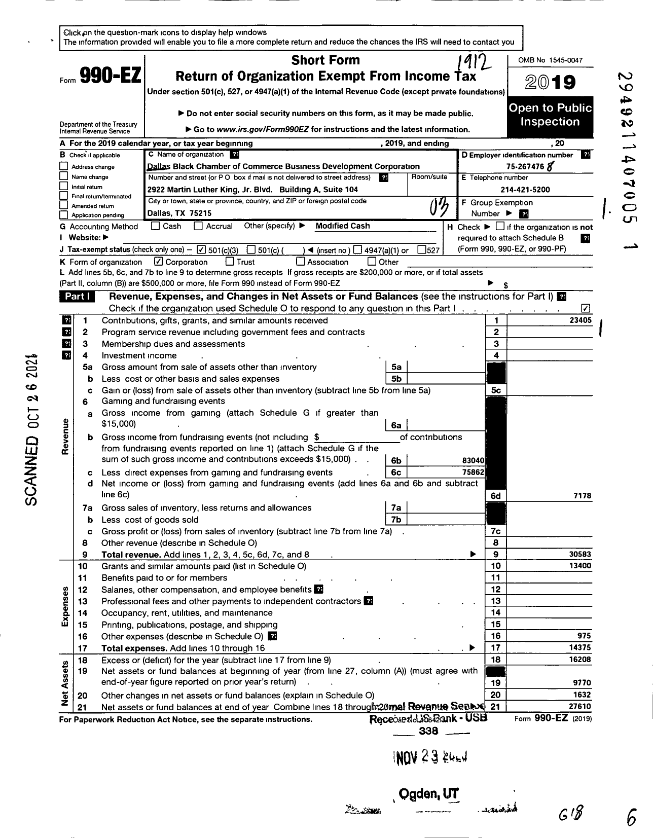 Image of first page of 2019 Form 990EZ for Dallas Black Chamber of Commerce Business Development Corporation