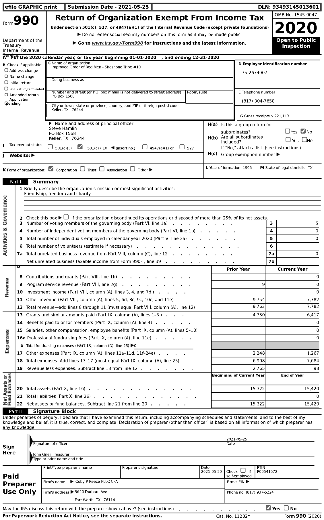 Image of first page of 2020 Form 990 for Improved Order of Red Men of Texas - 10 Shoshone Tribe