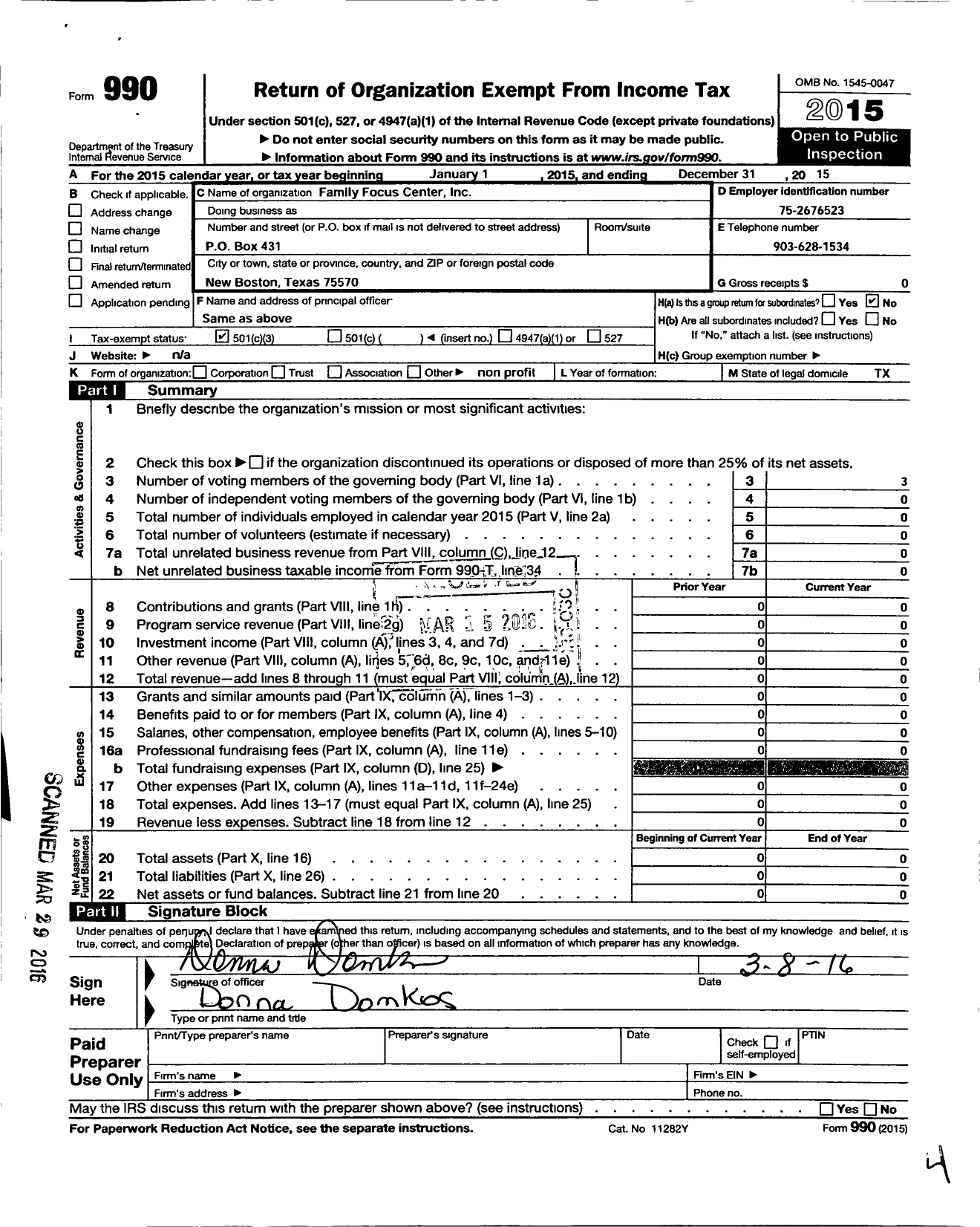 Image of first page of 2015 Form 990 for Family Focus Center