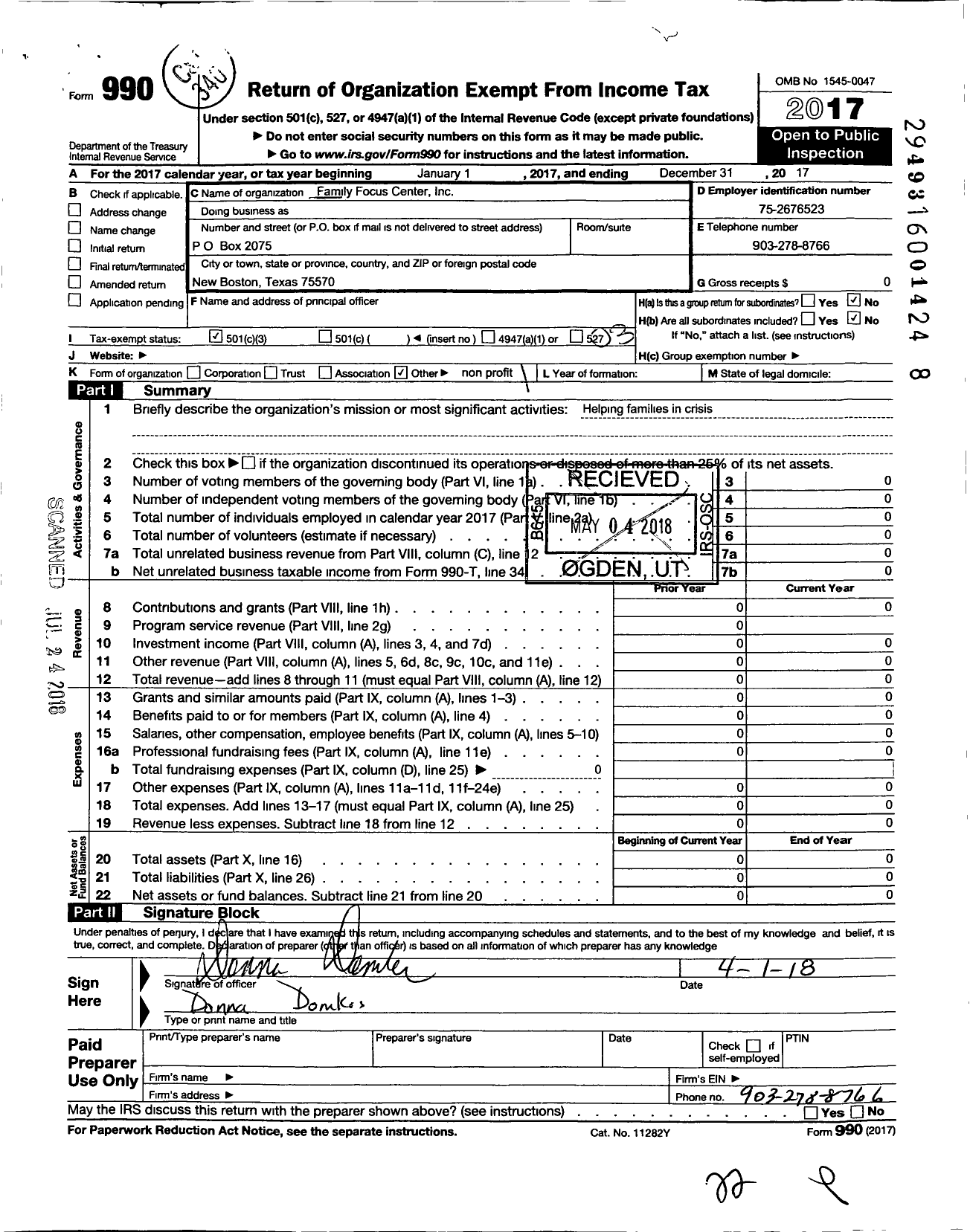 Image of first page of 2017 Form 990 for Family Focus Center