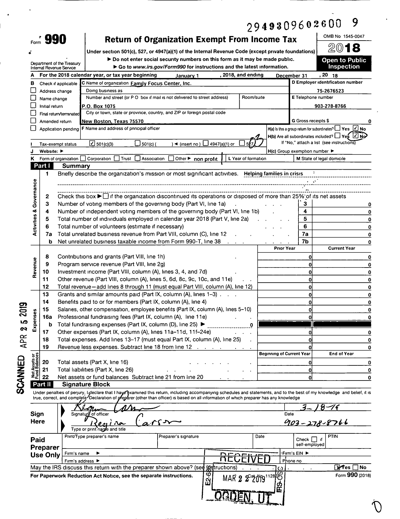 Image of first page of 2018 Form 990 for Family Focus Center