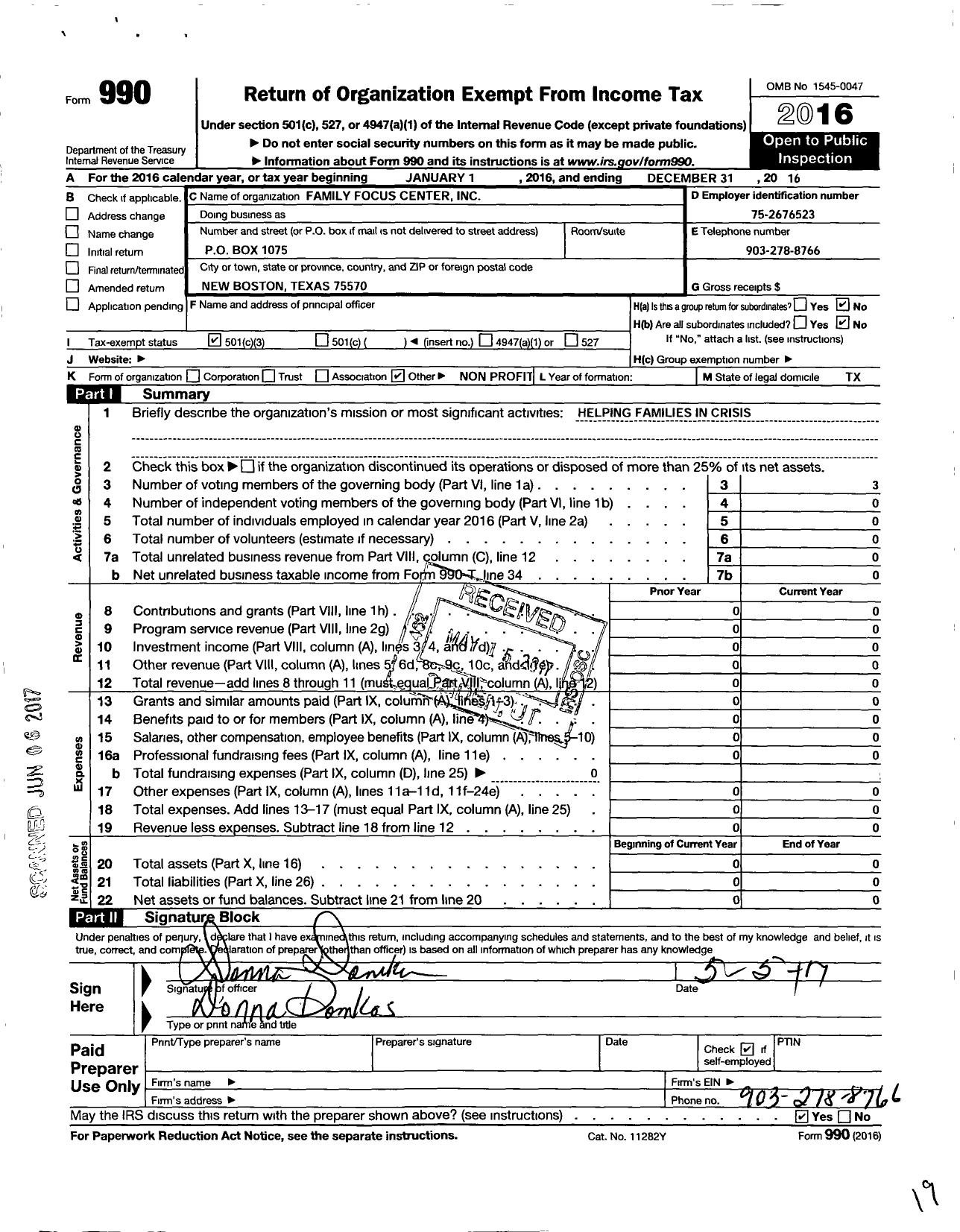 Image of first page of 2016 Form 990 for Family Focus Center