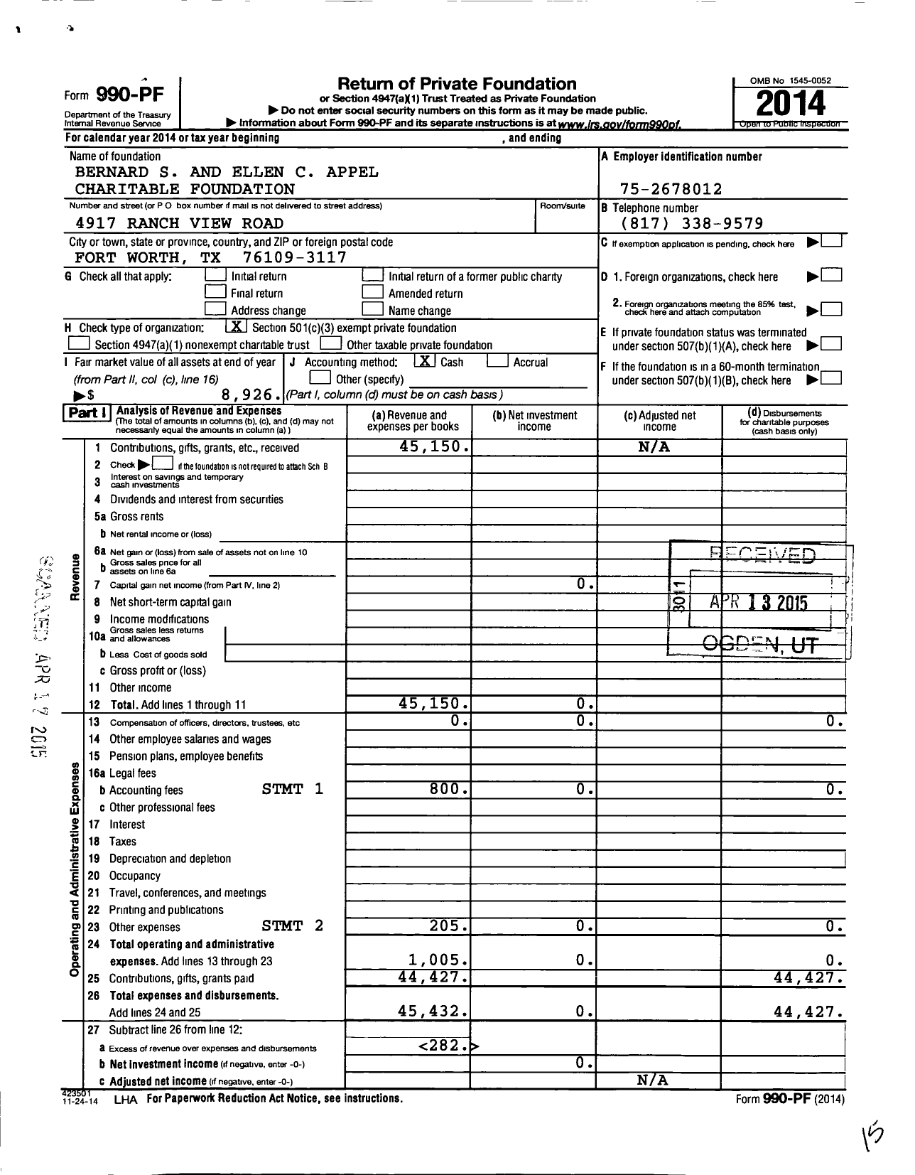 Image of first page of 2014 Form 990PF for Bernard S and Ellen C Appel Charitable Foundation