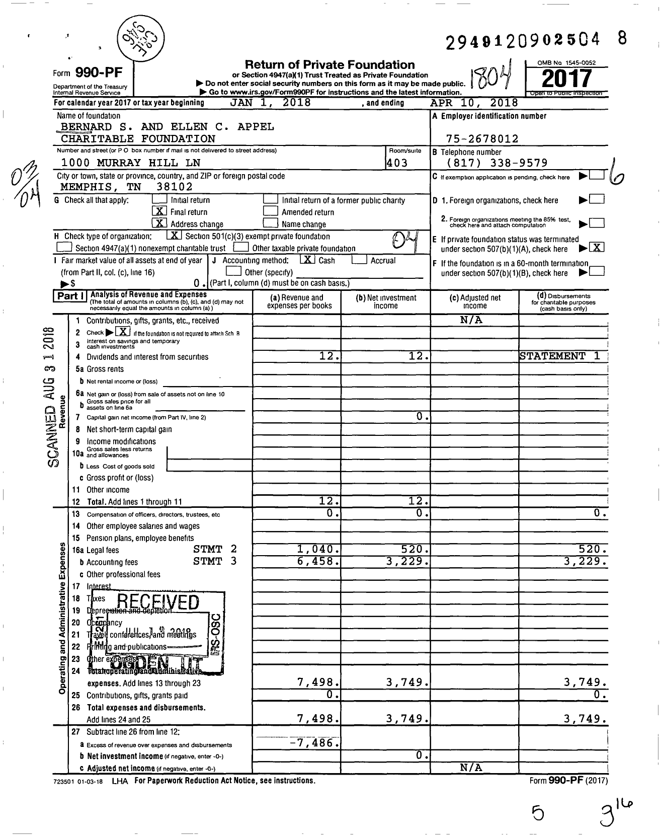 Image of first page of 2017 Form 990PF for Bernard S and Ellen C Appel Charitable Foundation