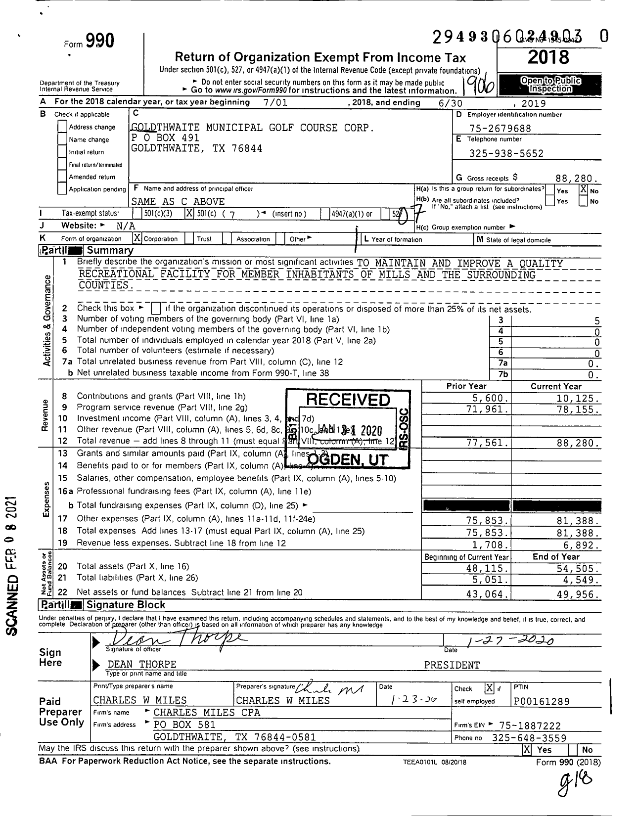 Image of first page of 2018 Form 990O for Goldthwaite Municipal Golf Course Corporation