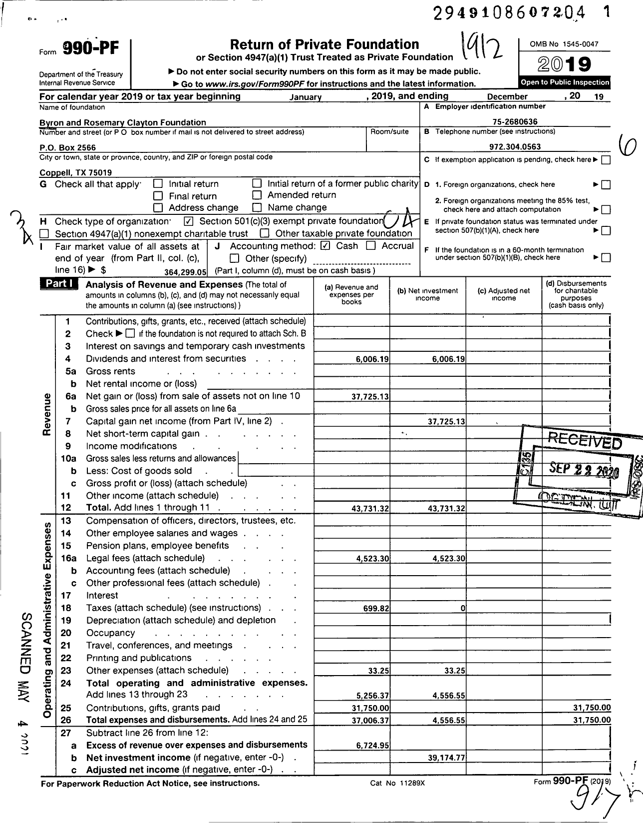 Image of first page of 2019 Form 990PF for Byron and Rosemary Clayton Foundation