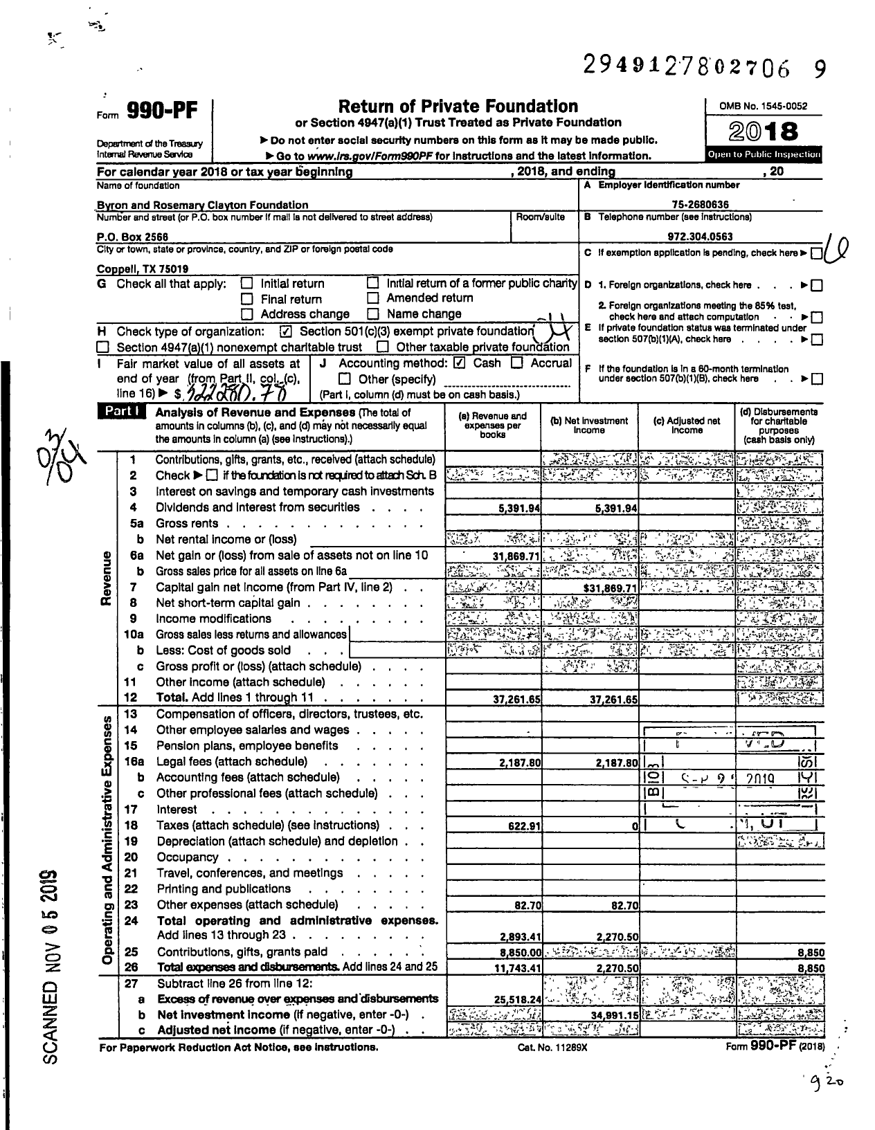 Image of first page of 2018 Form 990PF for Byron and Rosemary Clayton Foundation