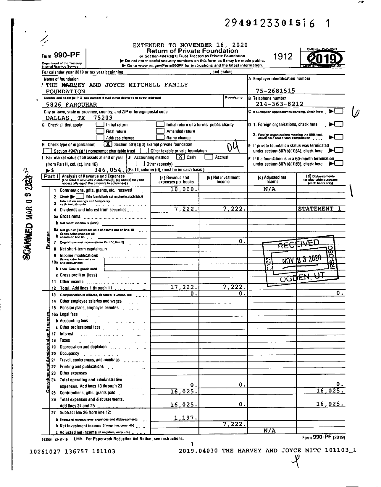 Image of first page of 2019 Form 990PF for The Harvey and Joyce Mitchell Family Foundation