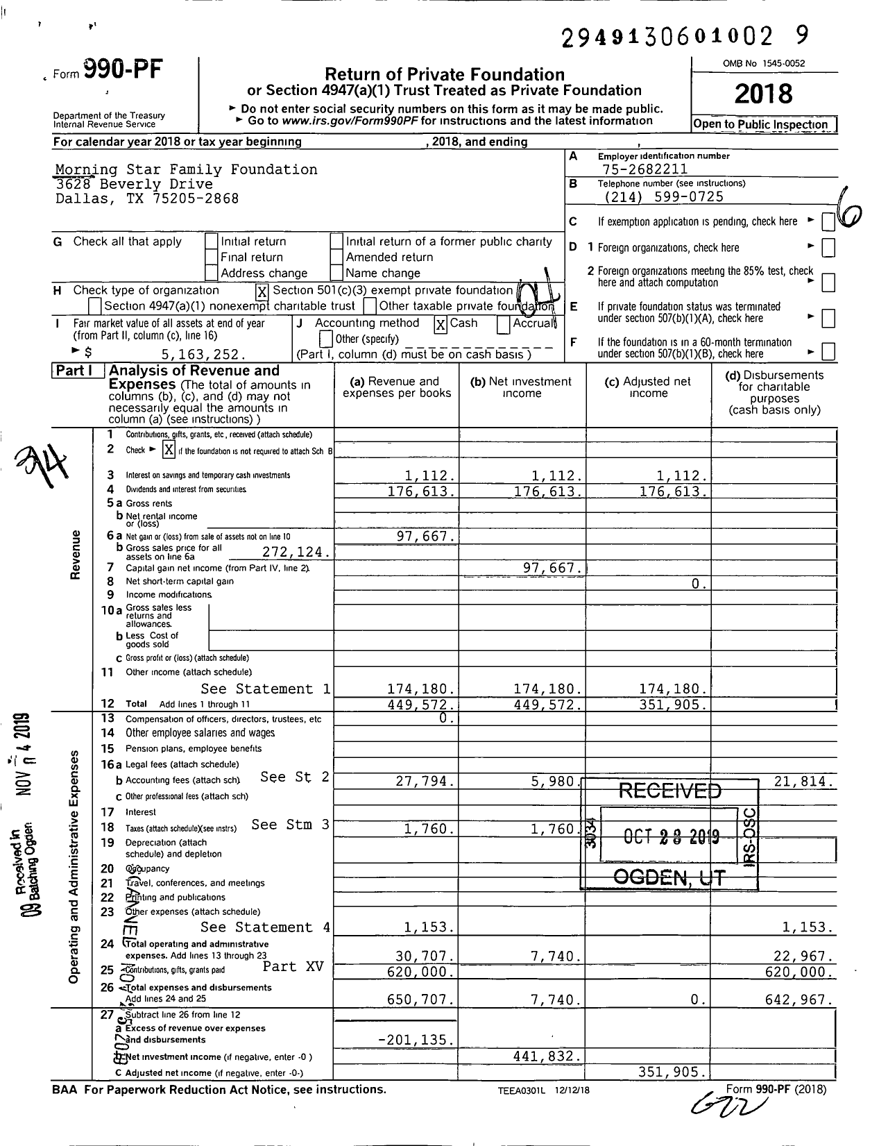 Image of first page of 2018 Form 990PF for Morning Star Family Foundation