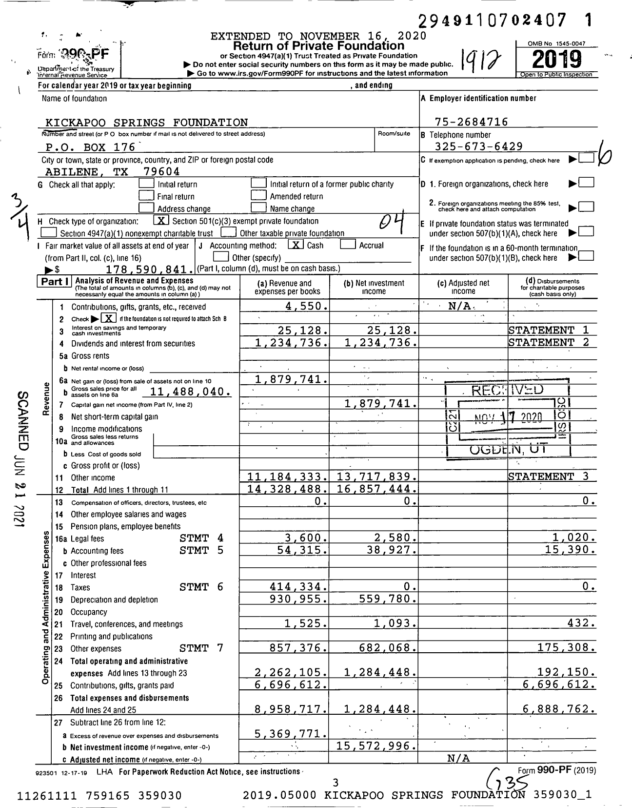 Image of first page of 2019 Form 990PF for Kickapoo Springs Foundation