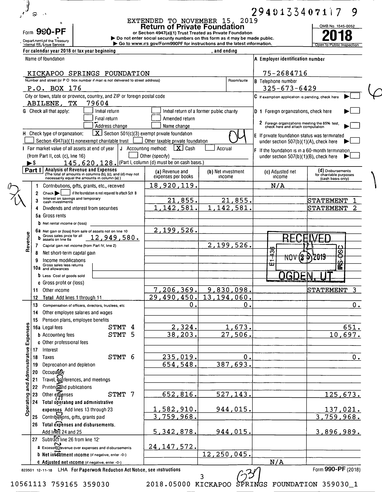 Image of first page of 2018 Form 990PF for Kickapoo Springs Foundation