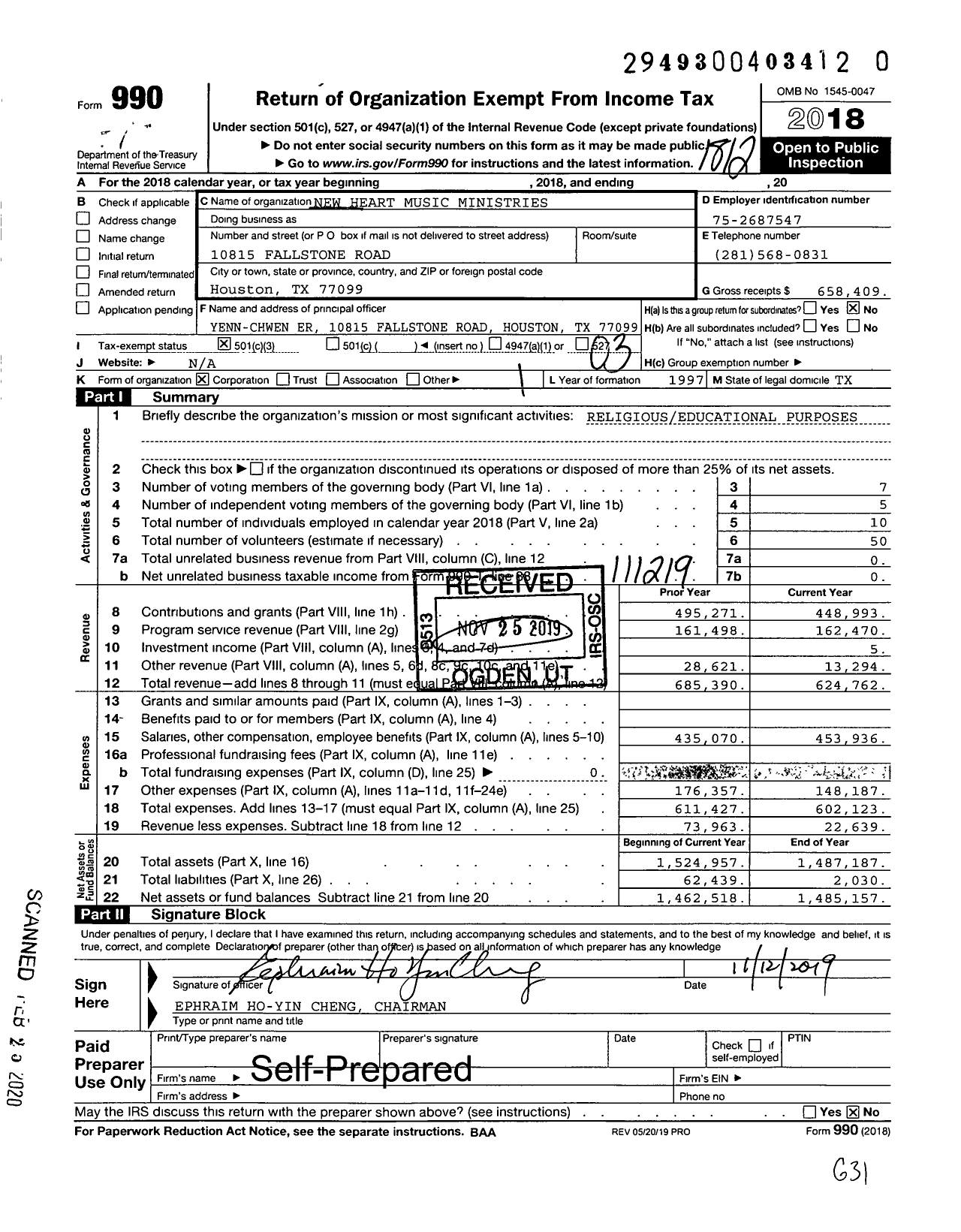 Image of first page of 2018 Form 990 for New Heart Music Ministries