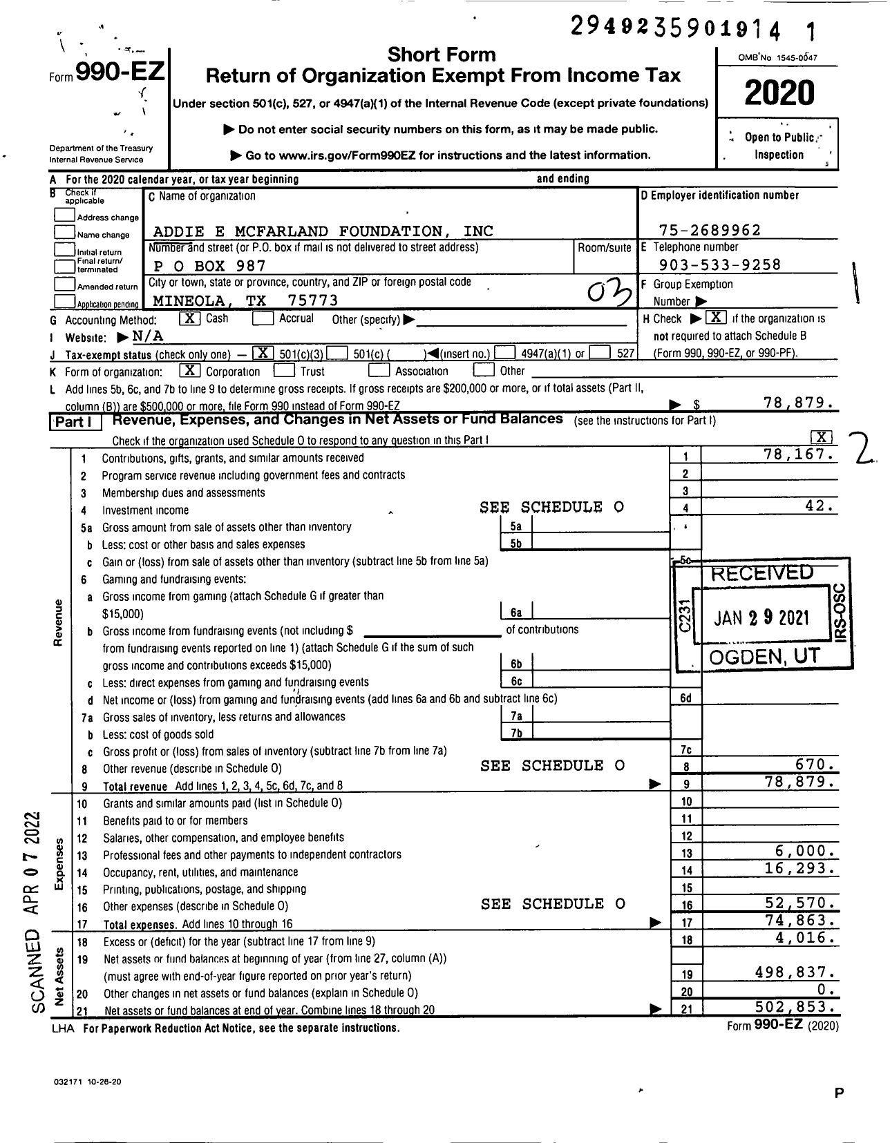 Image of first page of 2020 Form 990EZ for Addie E Mcfarland Foundation