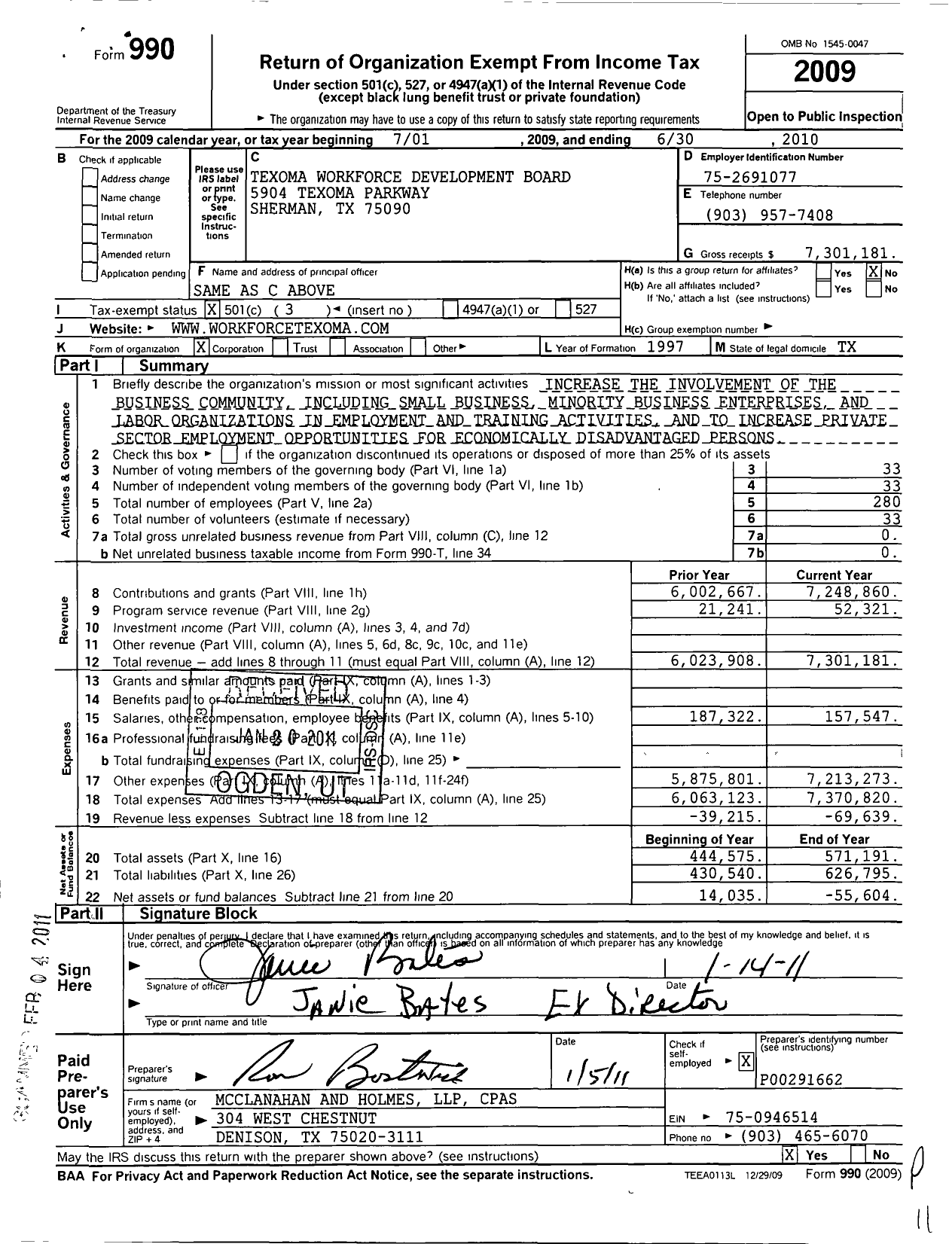 Image of first page of 2009 Form 990 for Texoma Workforce Development Board