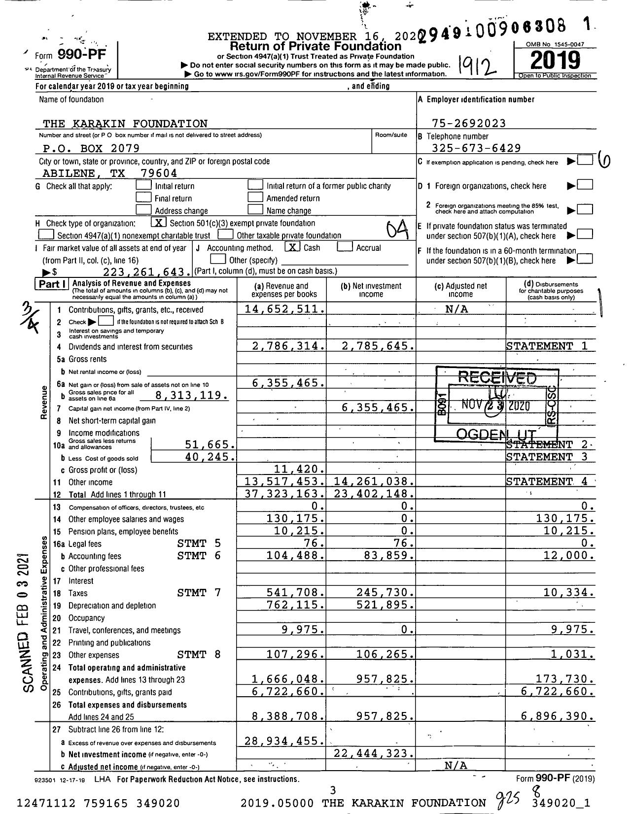 Image of first page of 2019 Form 990PF for The Karakin Foundation