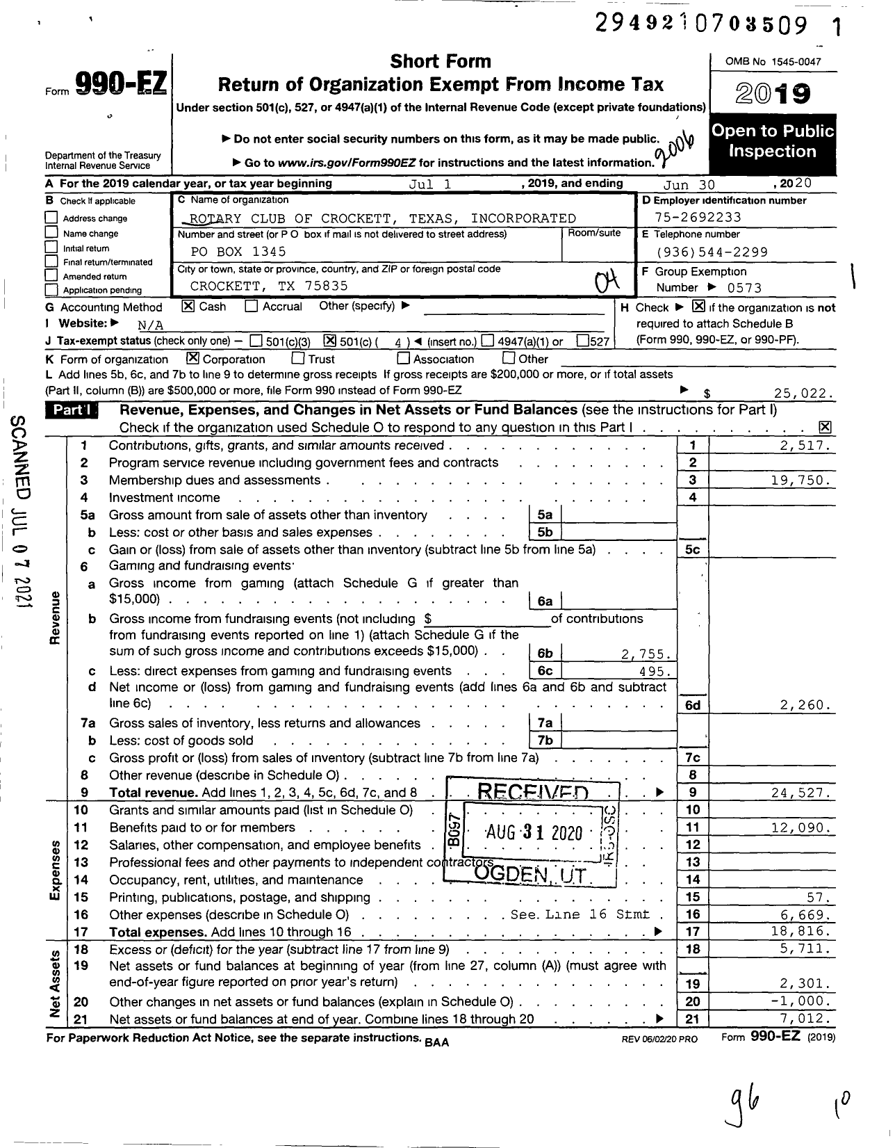 Image of first page of 2019 Form 990EO for Rotary International - Crockett