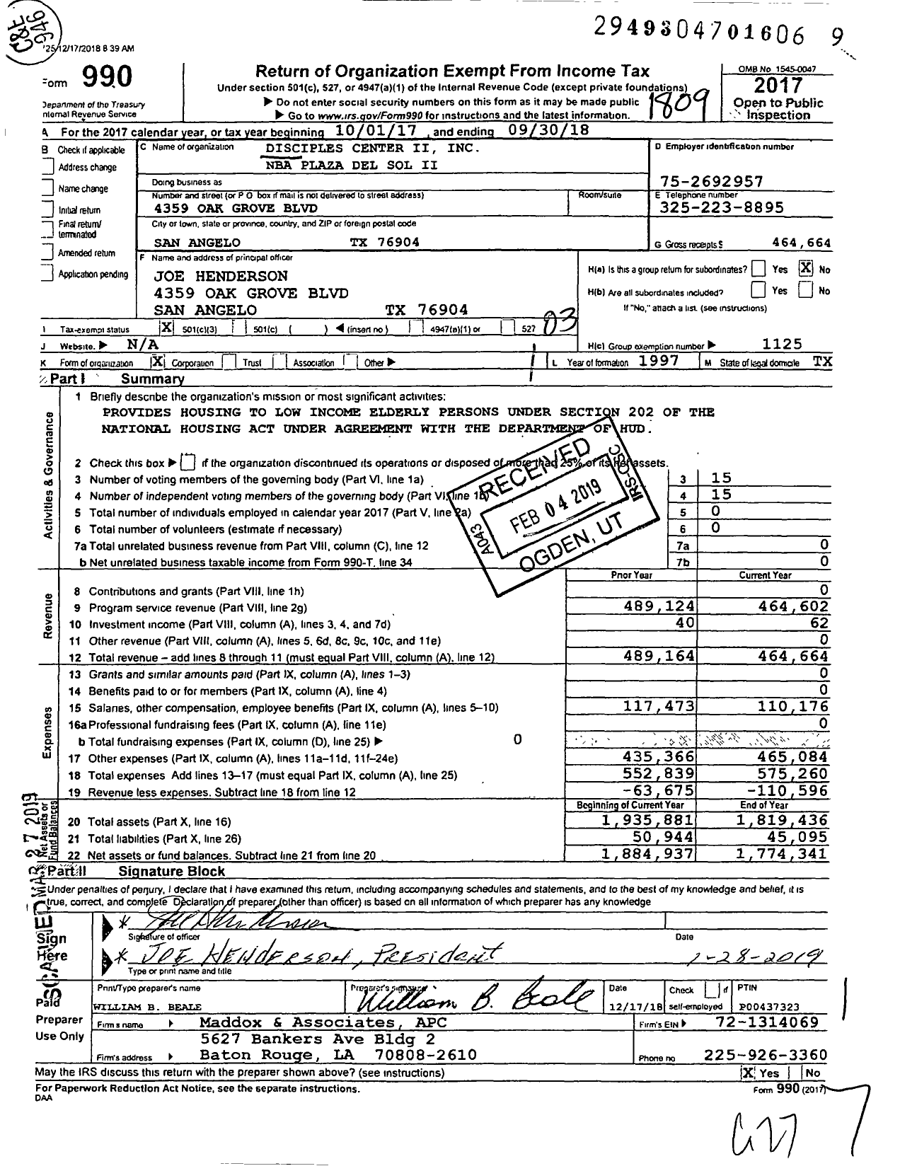 Image of first page of 2017 Form 990 for Oak Grove Senior Apartments Ii