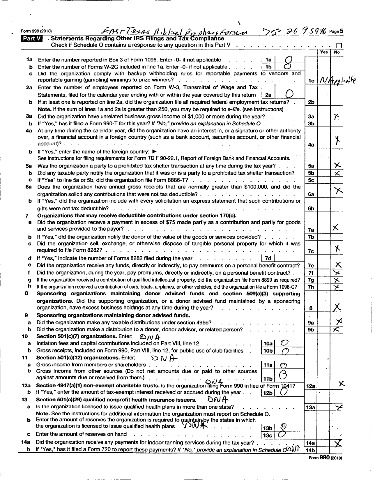 Image of first page of 2010 Form 990R for East Texas Biblical Prophecy Forum