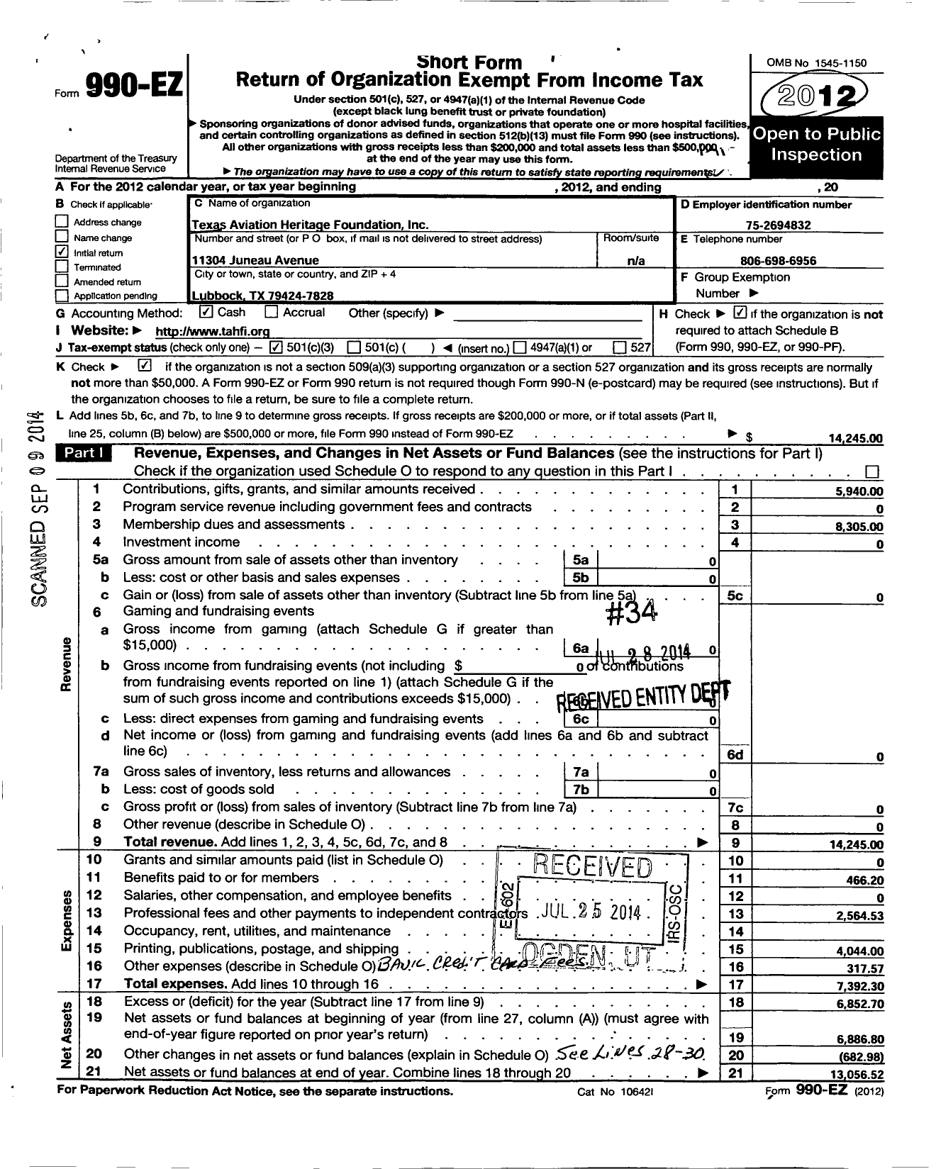 Image of first page of 2012 Form 990EZ for Texas Aviation Heritage Foundation