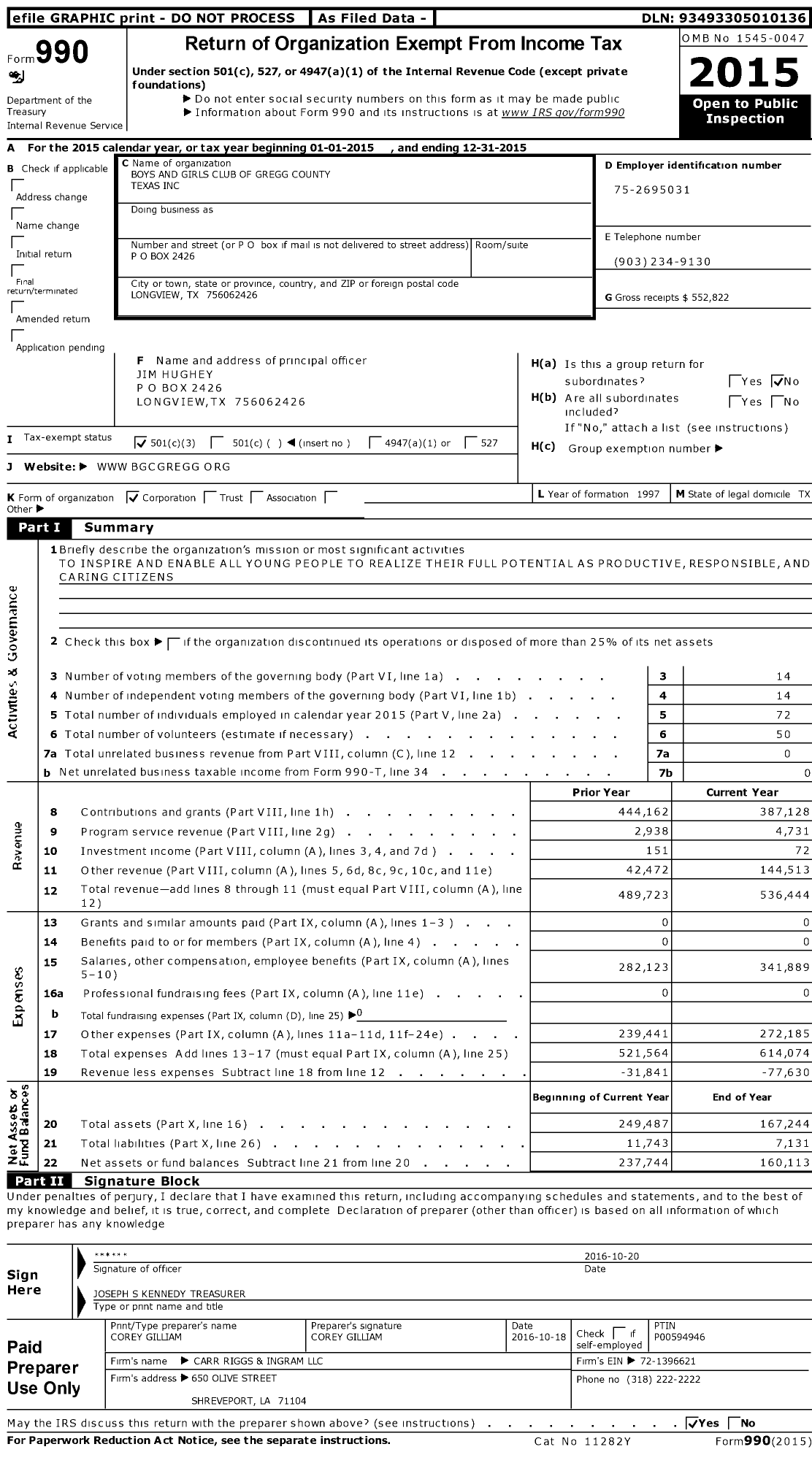 Image of first page of 2015 Form 990 for Boys and Girls Club of Gregg County Texas