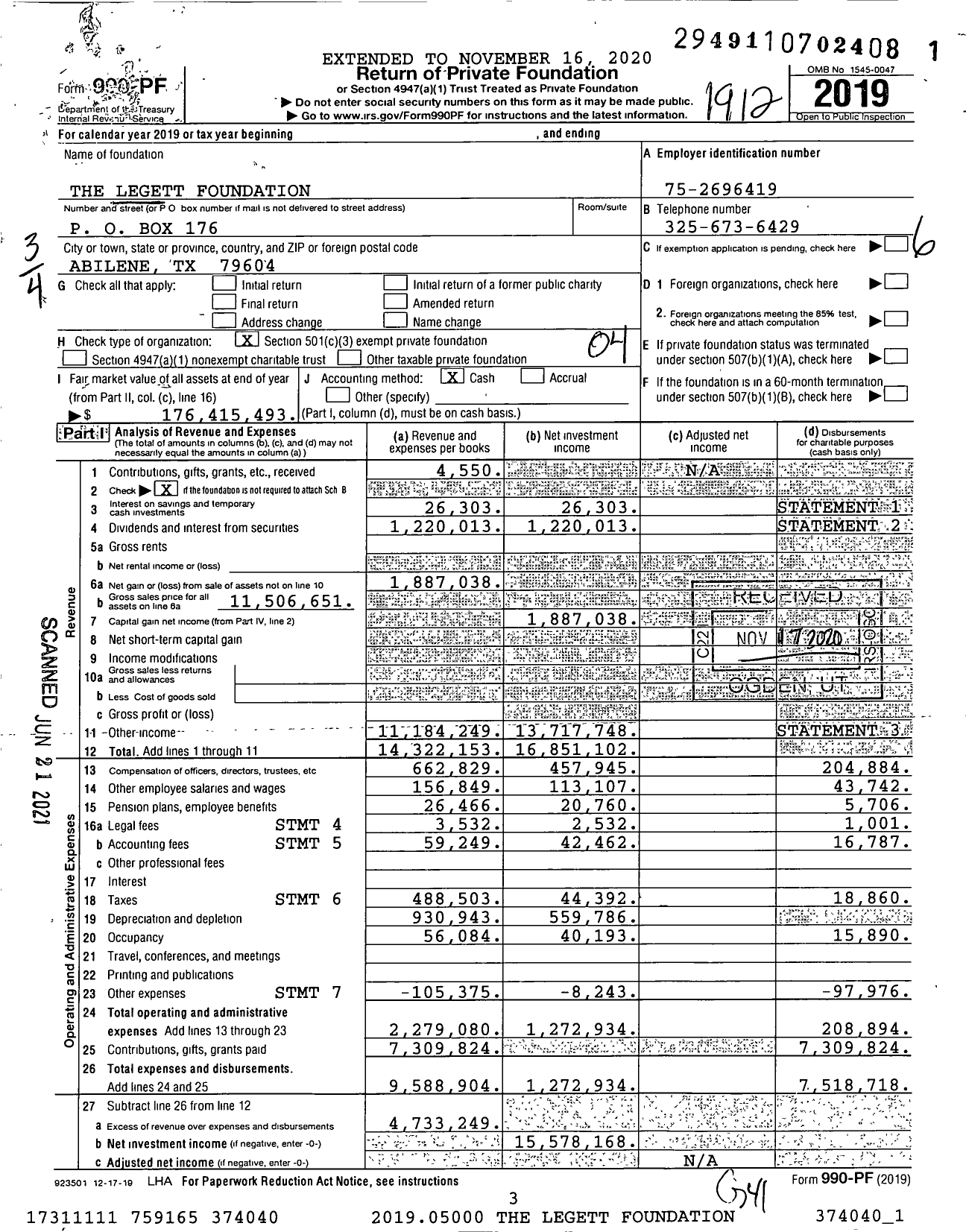 Image of first page of 2019 Form 990PF for The Legett Foundation