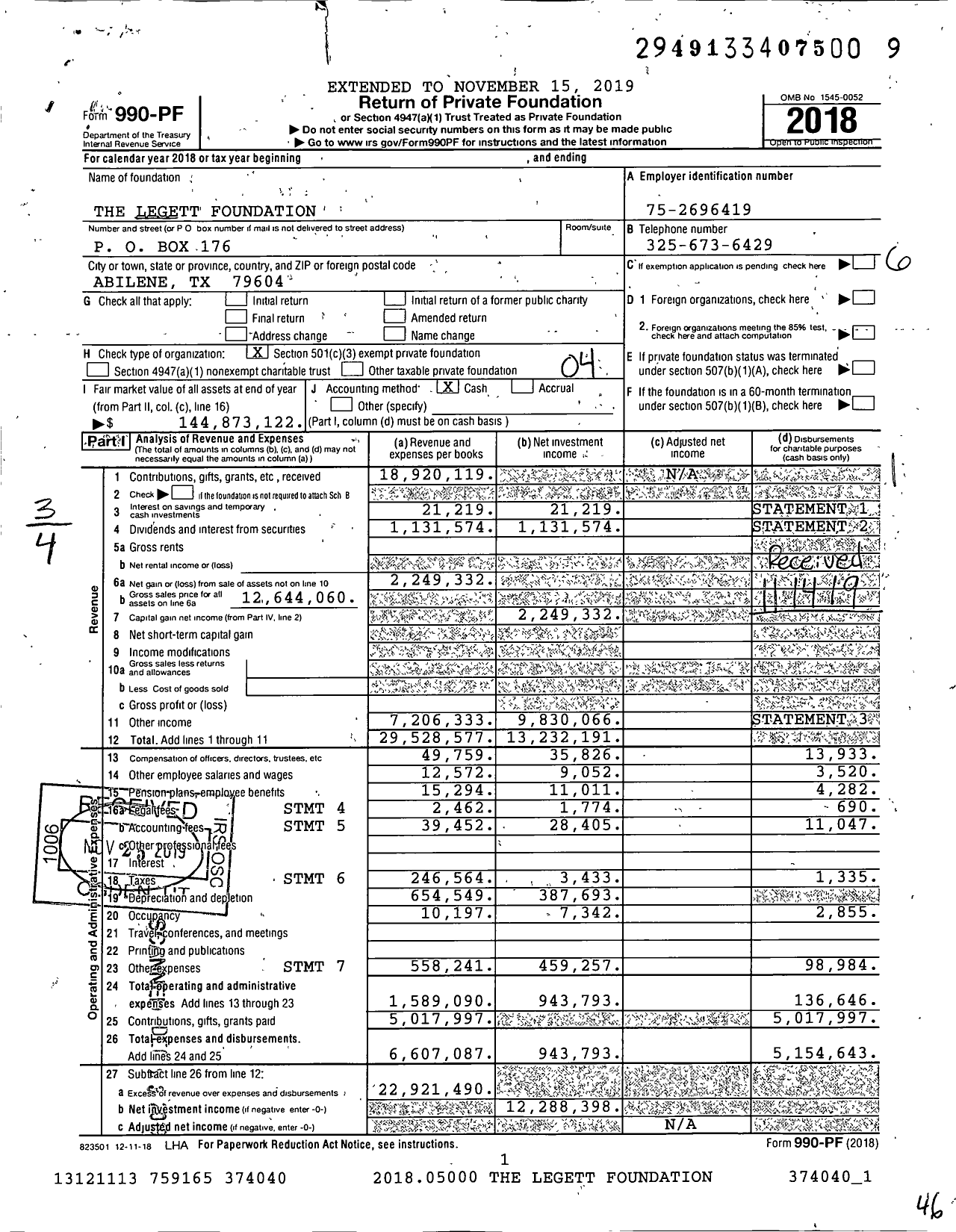 Image of first page of 2018 Form 990PF for The Legett Foundation