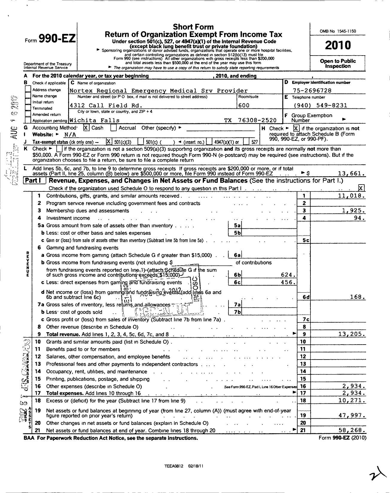 Image of first page of 2010 Form 990EZ for Nortex Regional Ems Providers Association