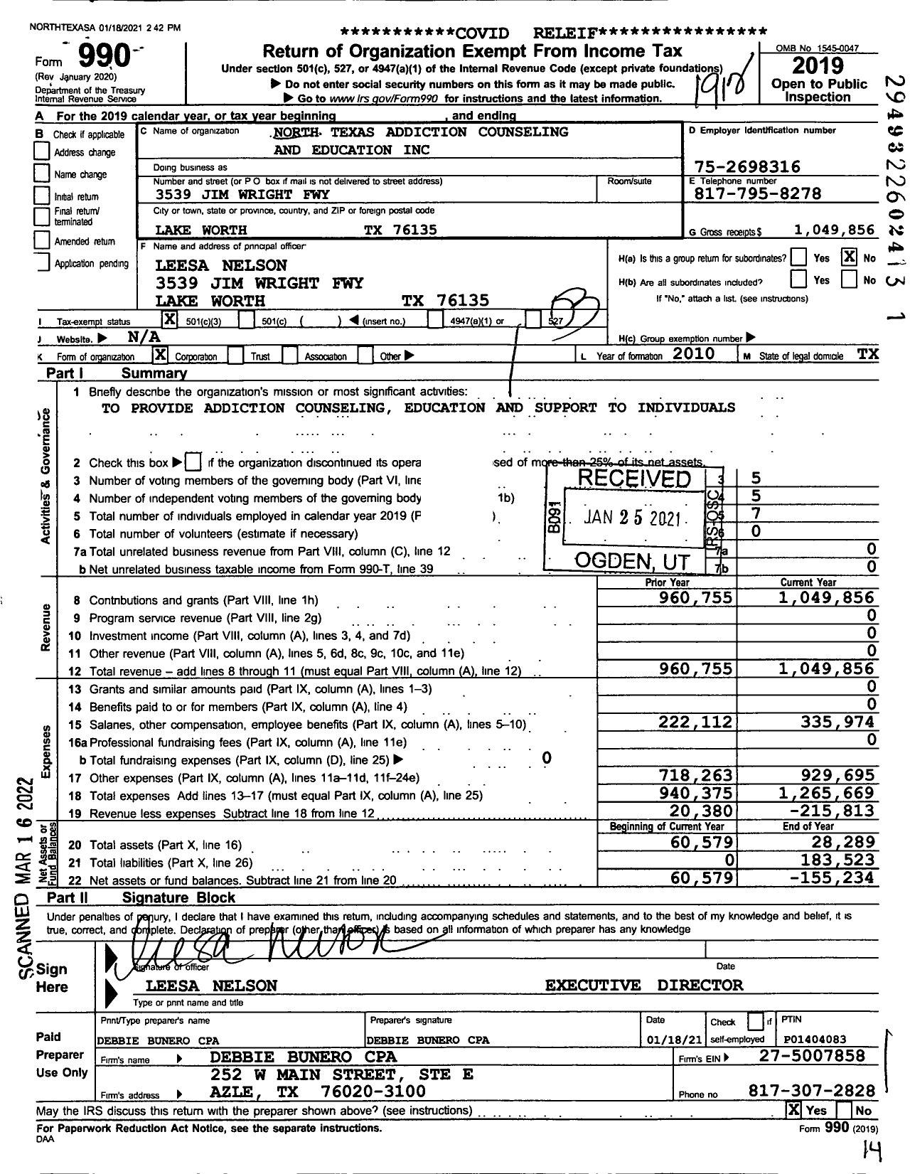 Image of first page of 2019 Form 990 for North Texas Addiction Counseling and Education (NTACE)