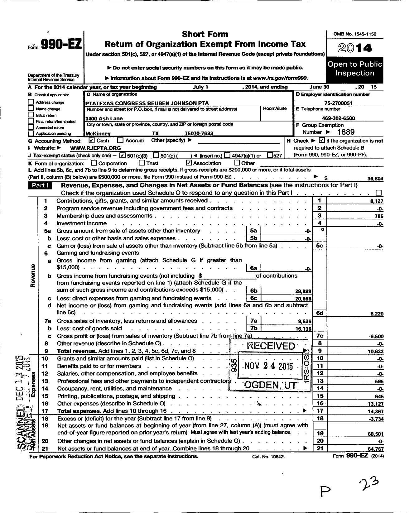 Image of first page of 2014 Form 990EZ for Texas PTA - 6639 Reuben Johnson Elementary