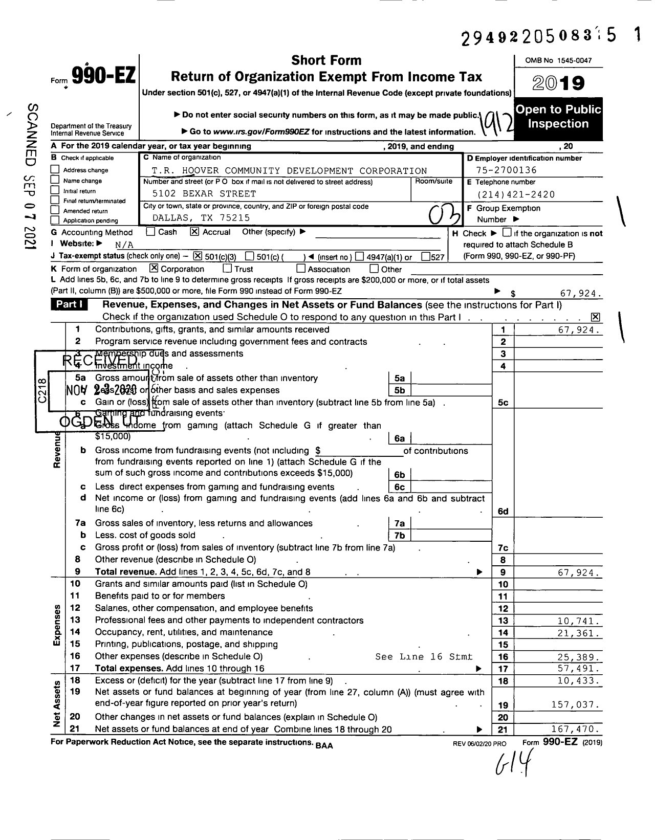 Image of first page of 2019 Form 990EZ for TR R Hoover Community Development Corporation