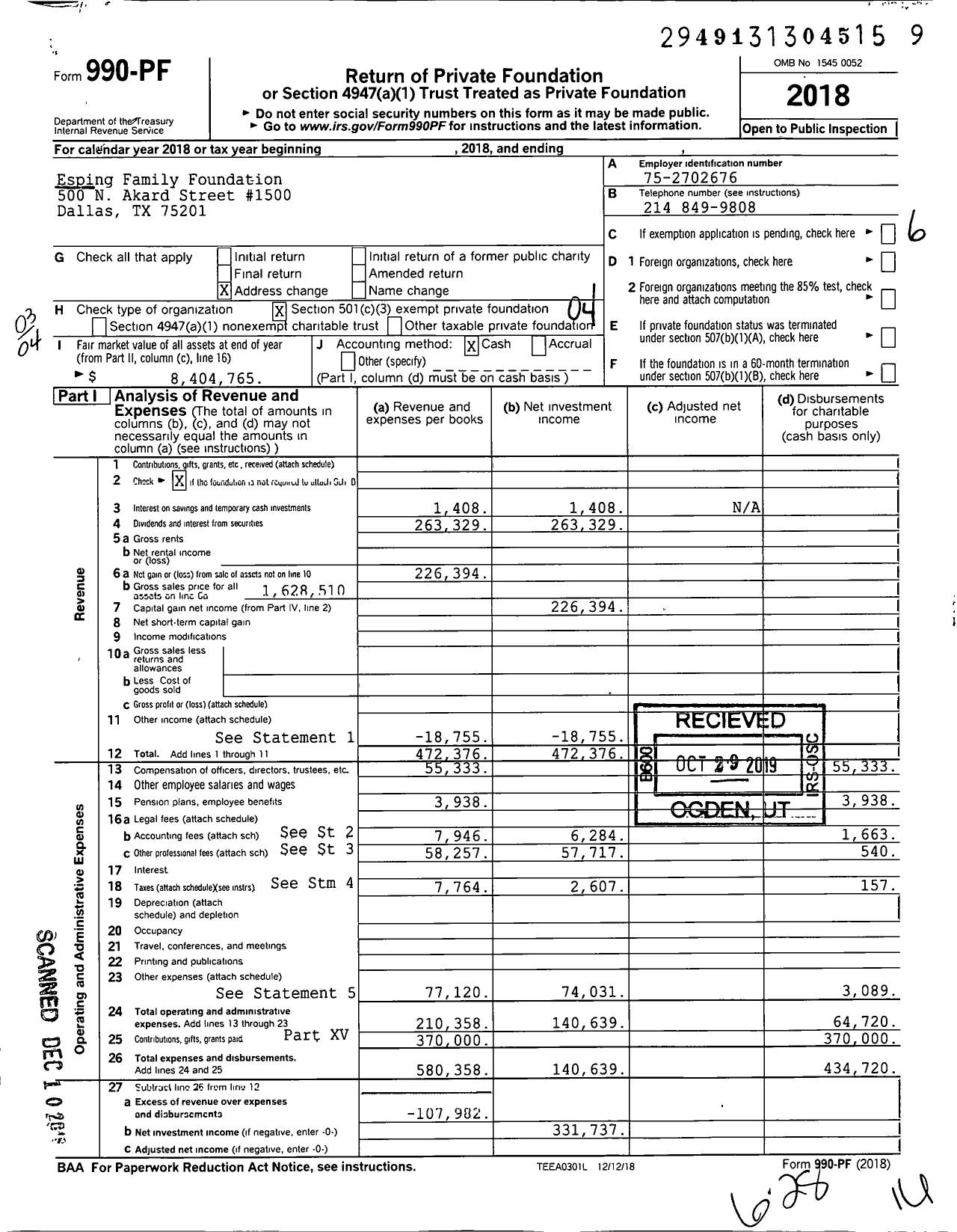 Image of first page of 2018 Form 990PF for Esping Family Foundation