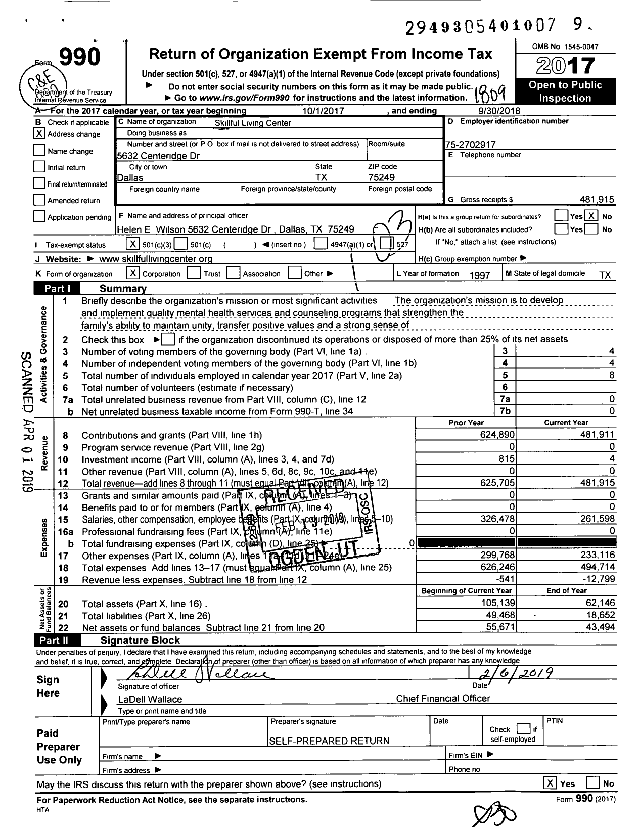 Image of first page of 2017 Form 990 for Skillful Living Center