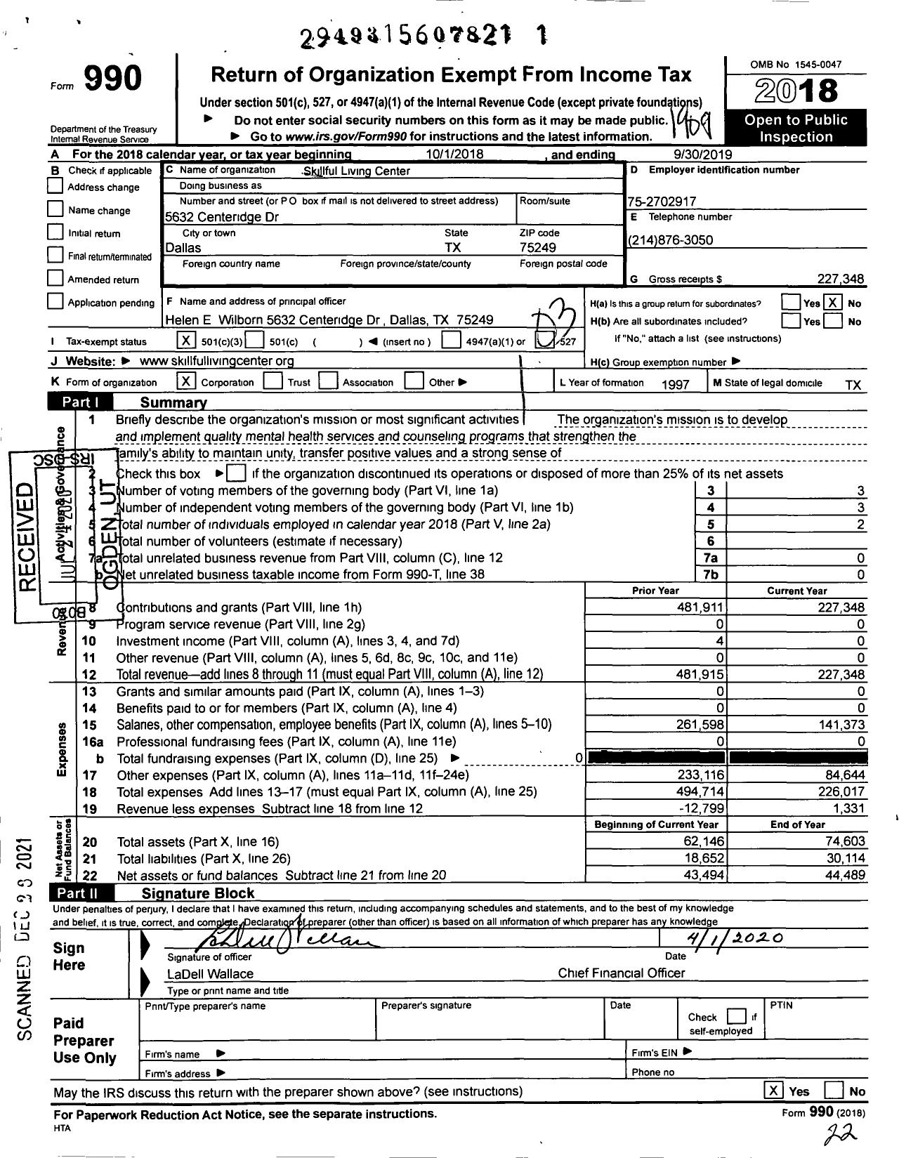 Image of first page of 2018 Form 990 for Skillful Living Center