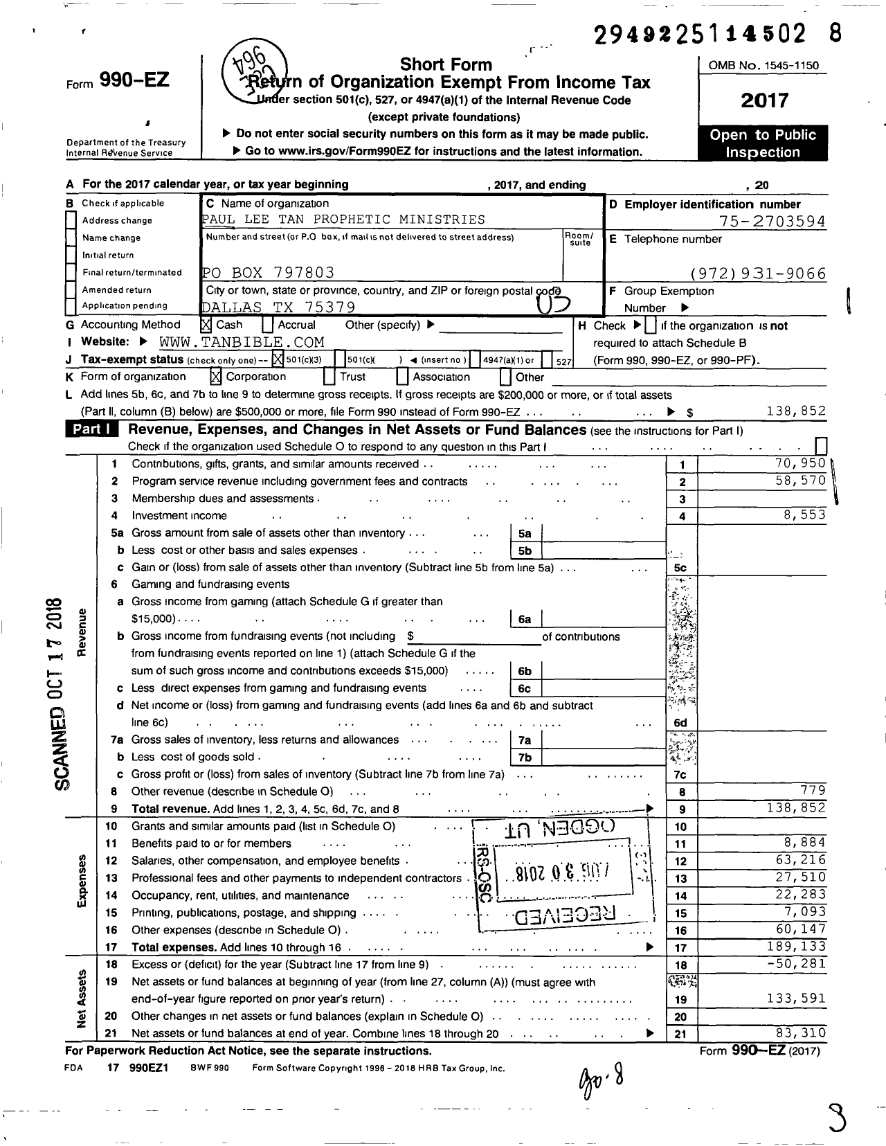 Image of first page of 2017 Form 990EZ for Paul Lee Tan Prophetic Ministries