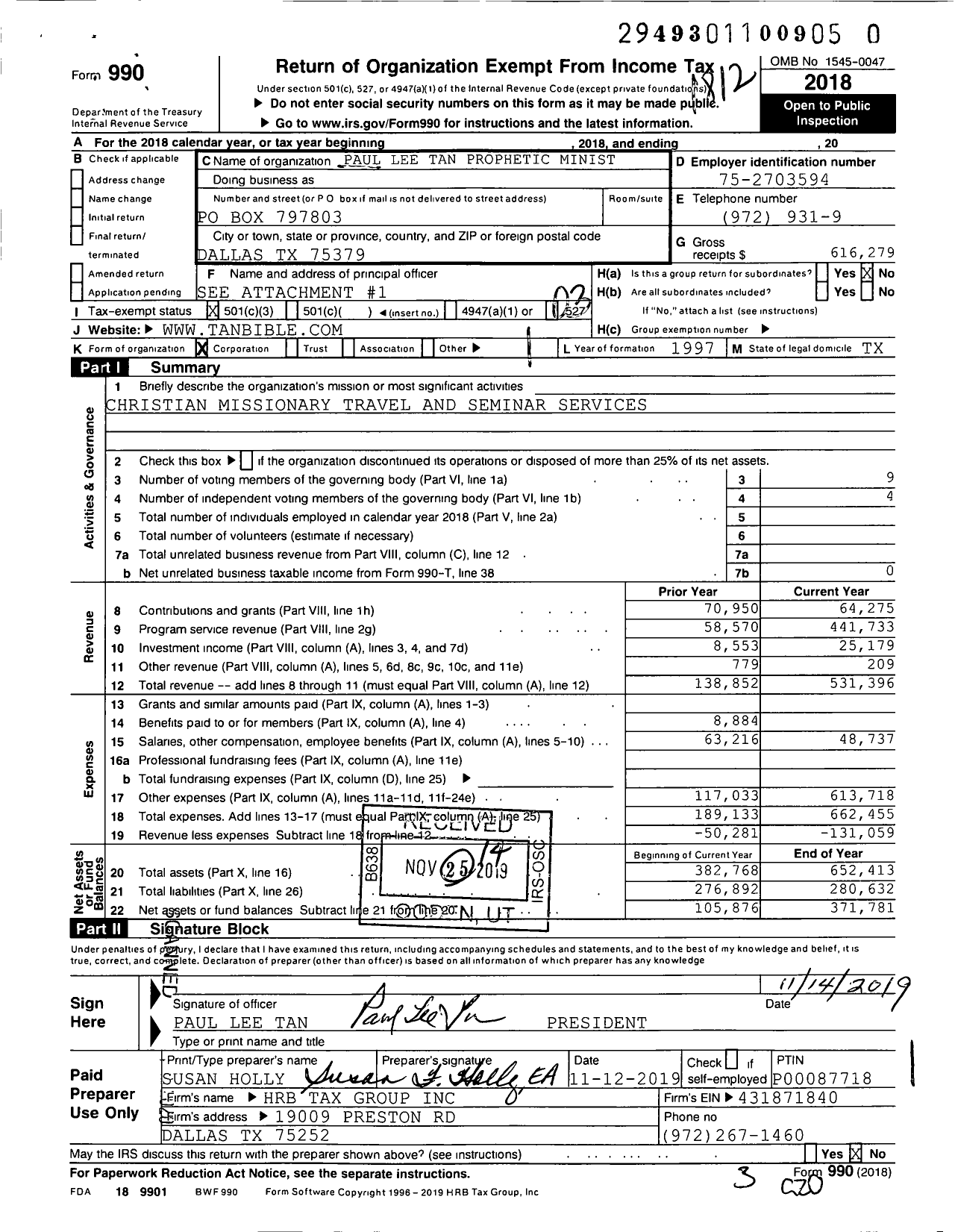 Image of first page of 2018 Form 990 for Paul Lee Tan Prophetic Ministries