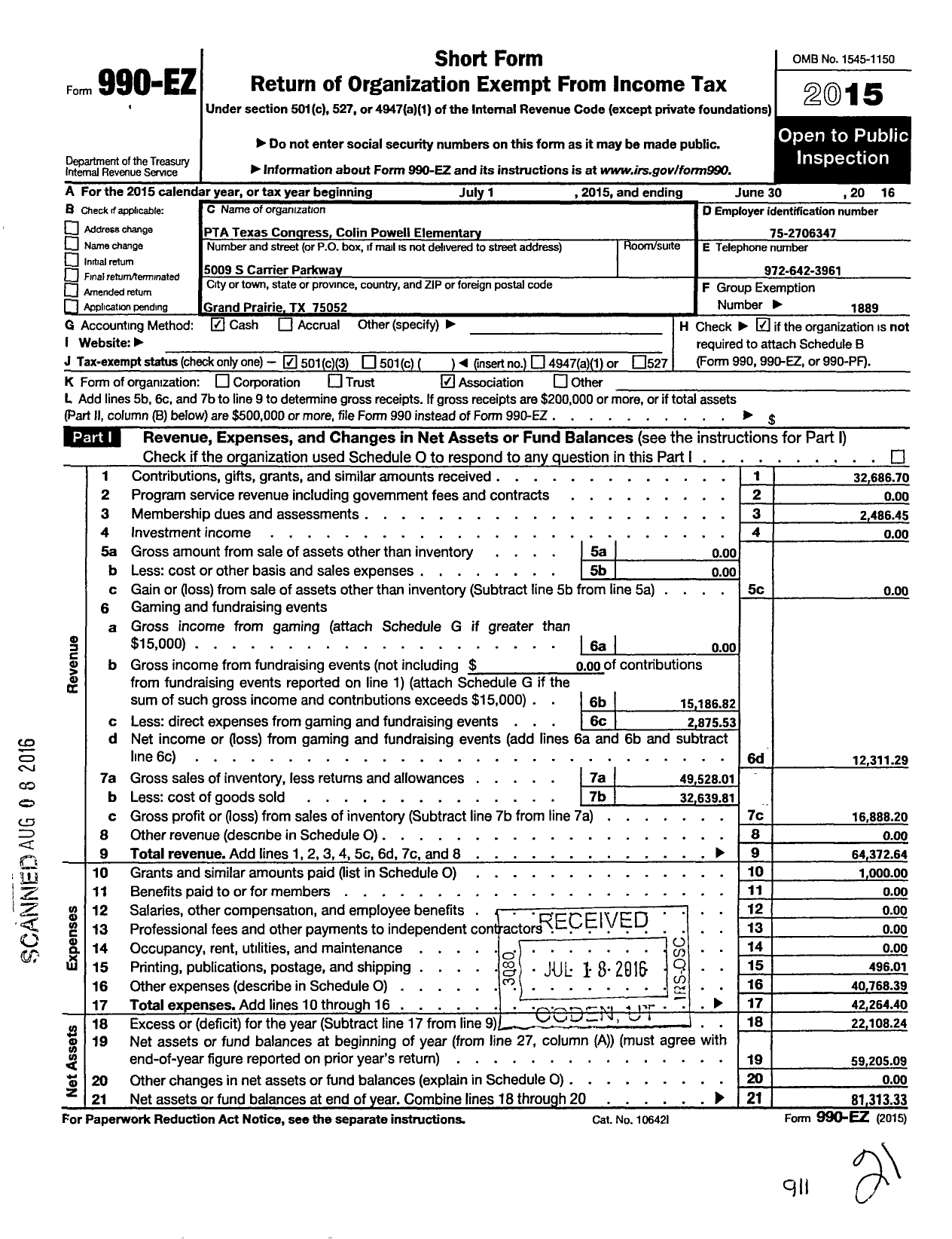 Image of first page of 2015 Form 990EZ for Texas PTA - 4378 Colin Powell Elementary