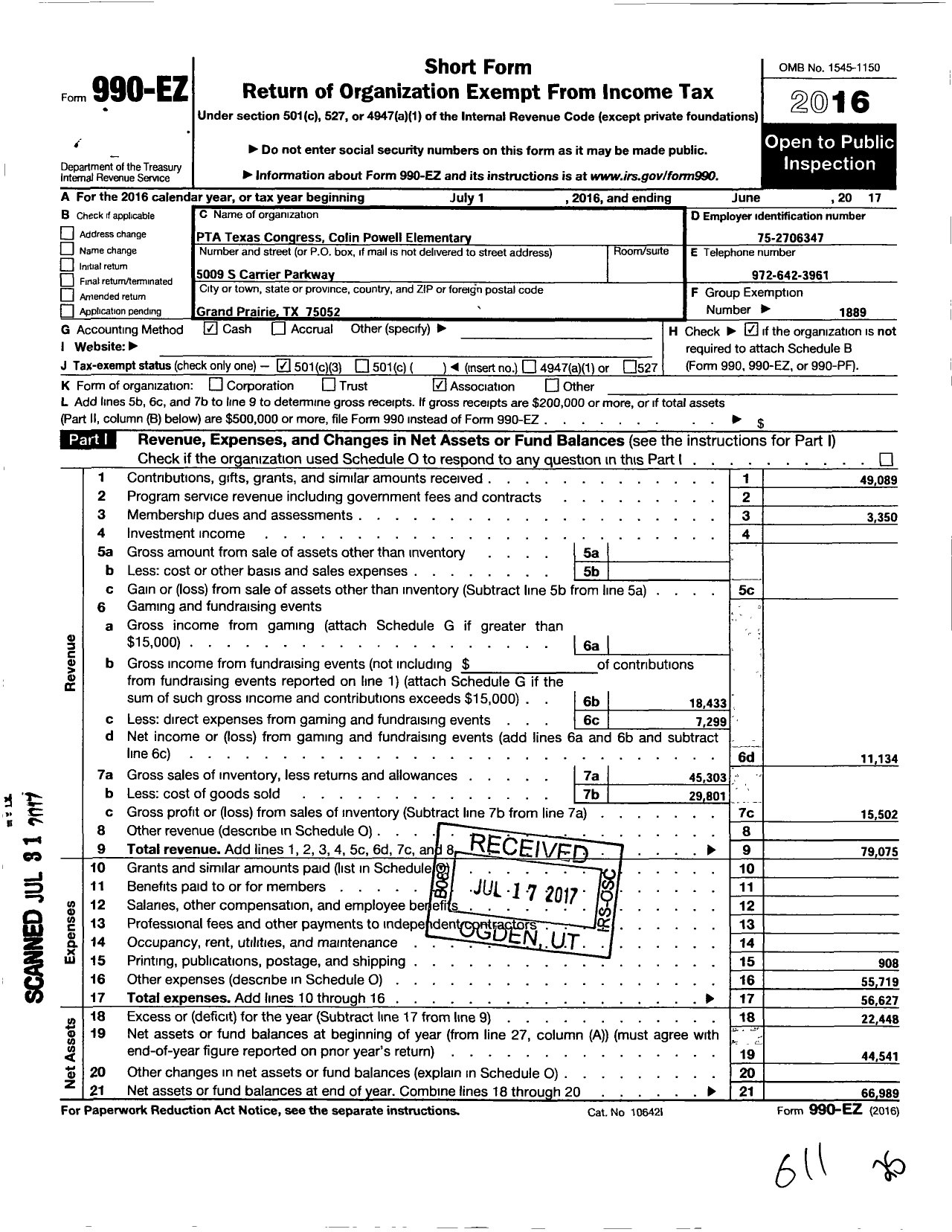 Image of first page of 2016 Form 990EZ for Texas PTA - 4378 Colin Powell Elementary