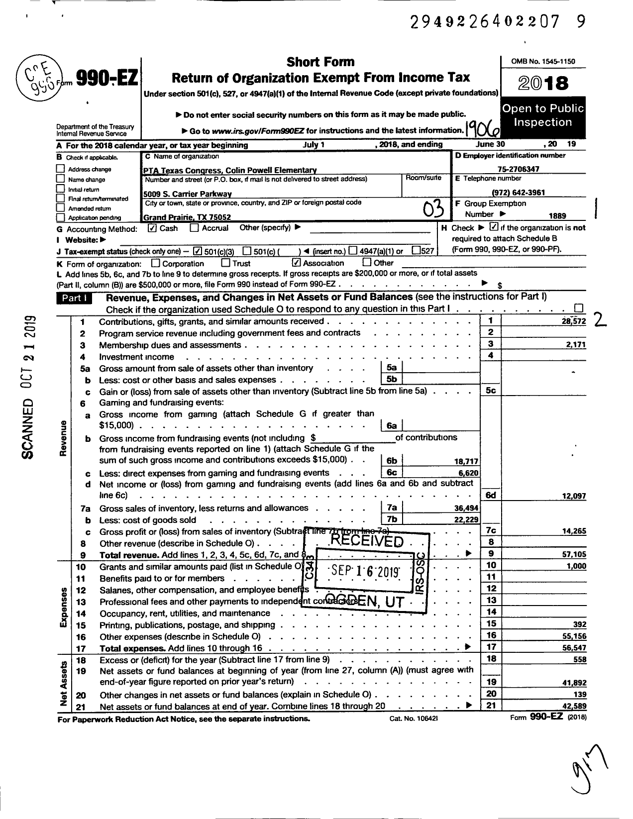 Image of first page of 2018 Form 990EZ for Texas PTA - 4378 Colin Powell Elementary