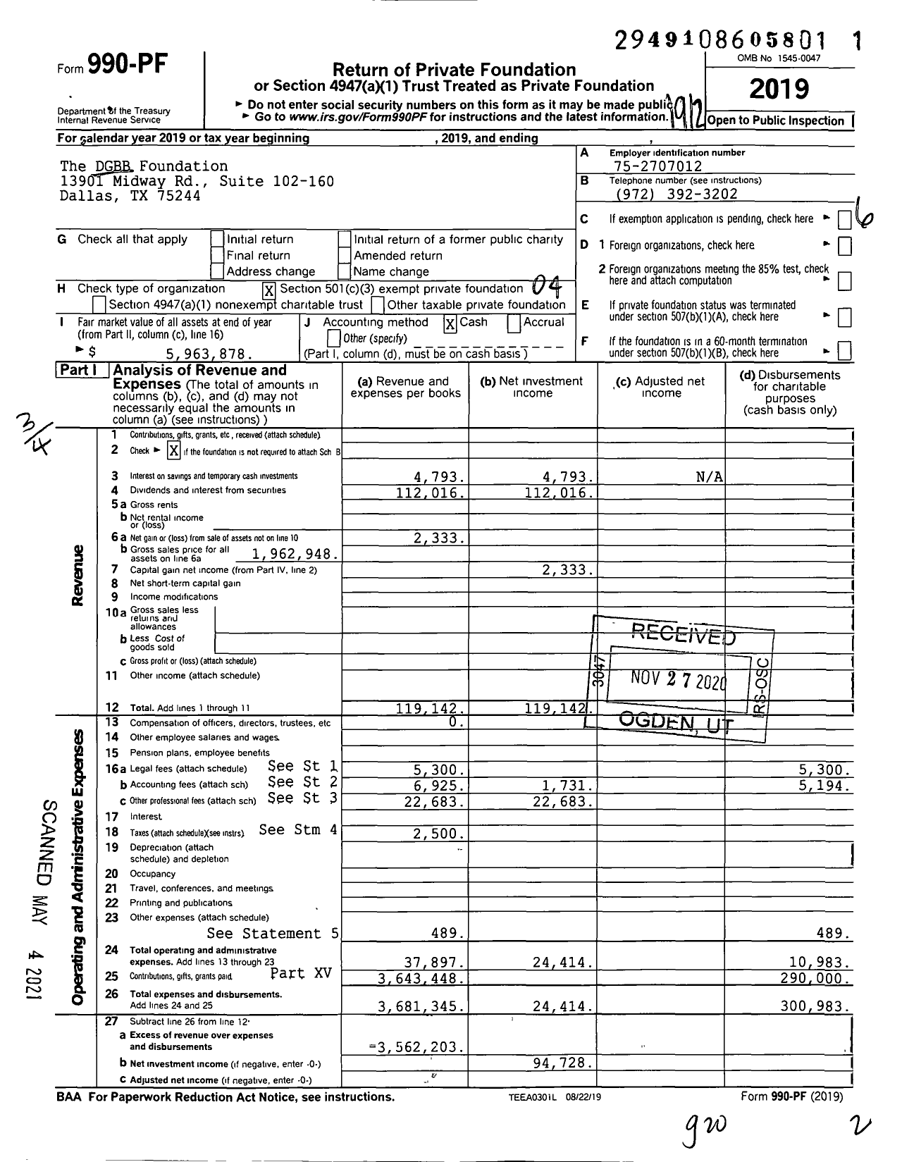 Image of first page of 2019 Form 990PF for The DGBB Foundation