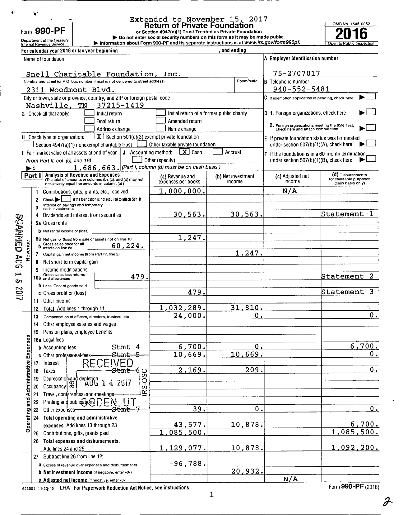 Image of first page of 2016 Form 990PF for Snell Charitable Foundation
