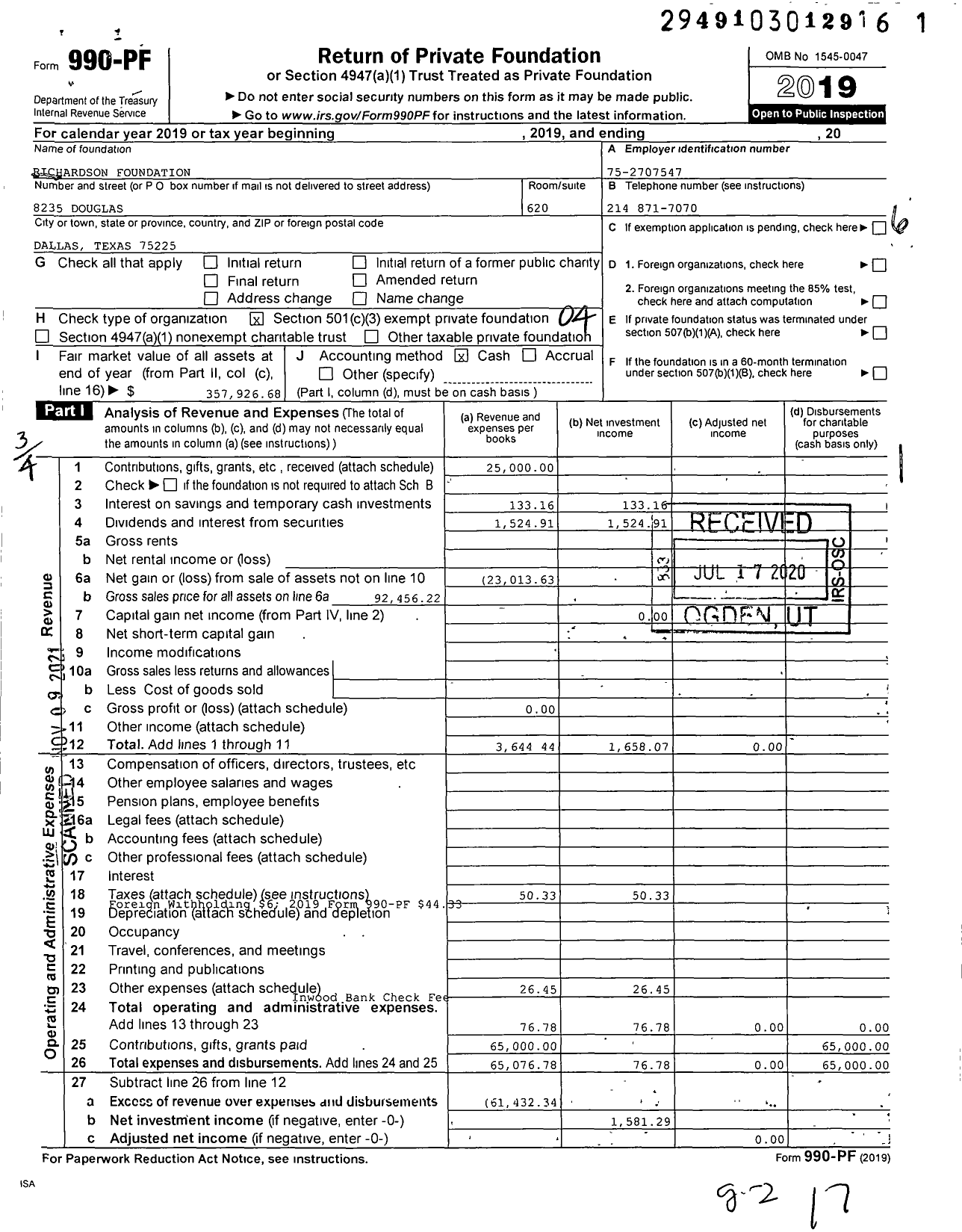 Image of first page of 2019 Form 990PF for Richardson Foundation / Richardson JR Gene A Co Ttee