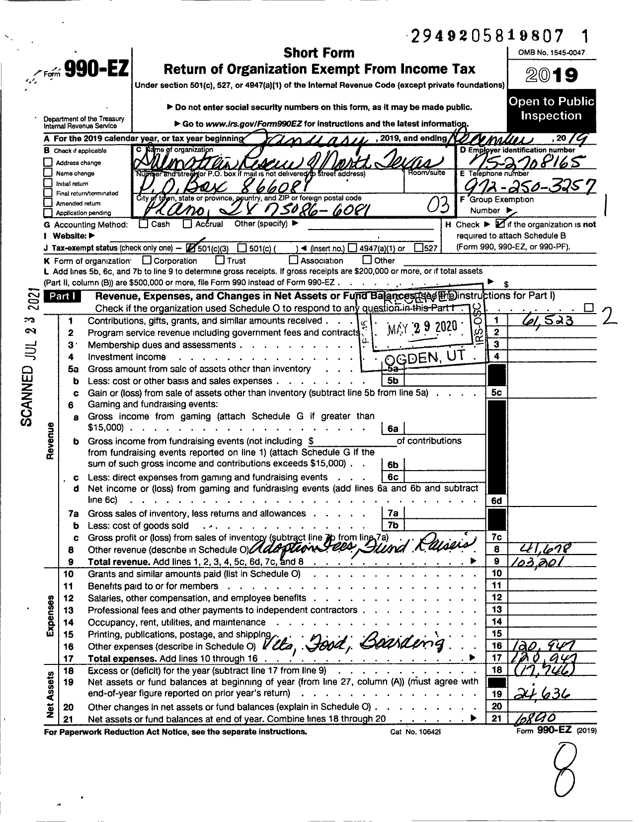 Image of first page of 2019 Form 990EZ for Dalmatian Rescue of North Texas