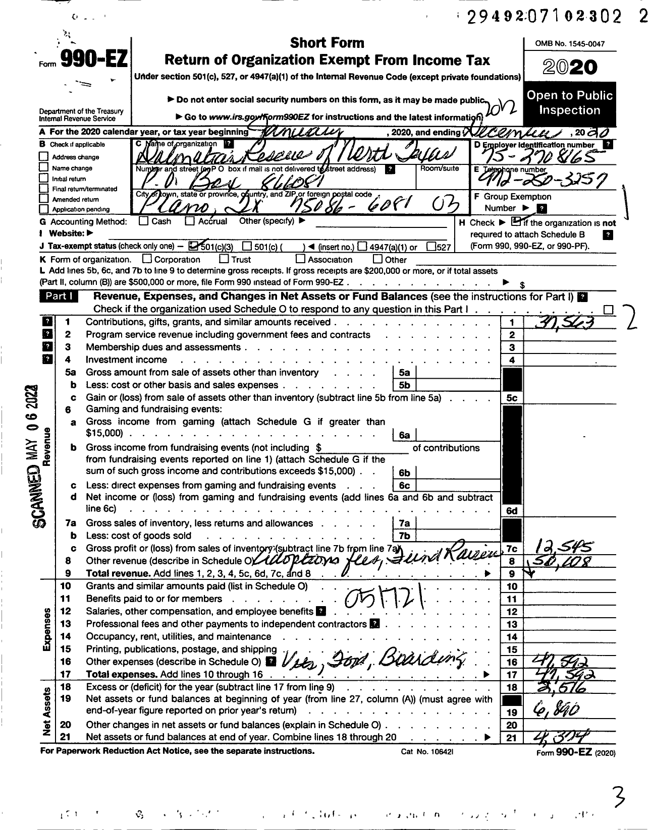 Image of first page of 2020 Form 990EZ for Dalmatian Rescue of North Texas