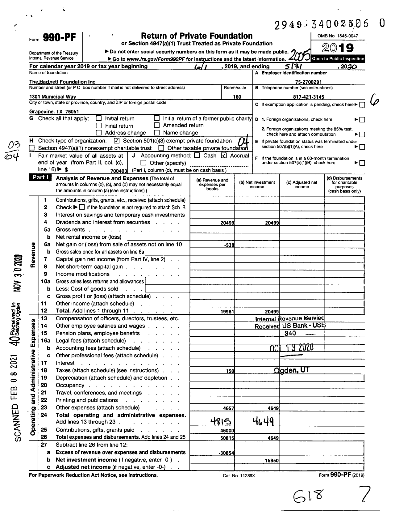 Image of first page of 2019 Form 990PF for Hartnett Foundation